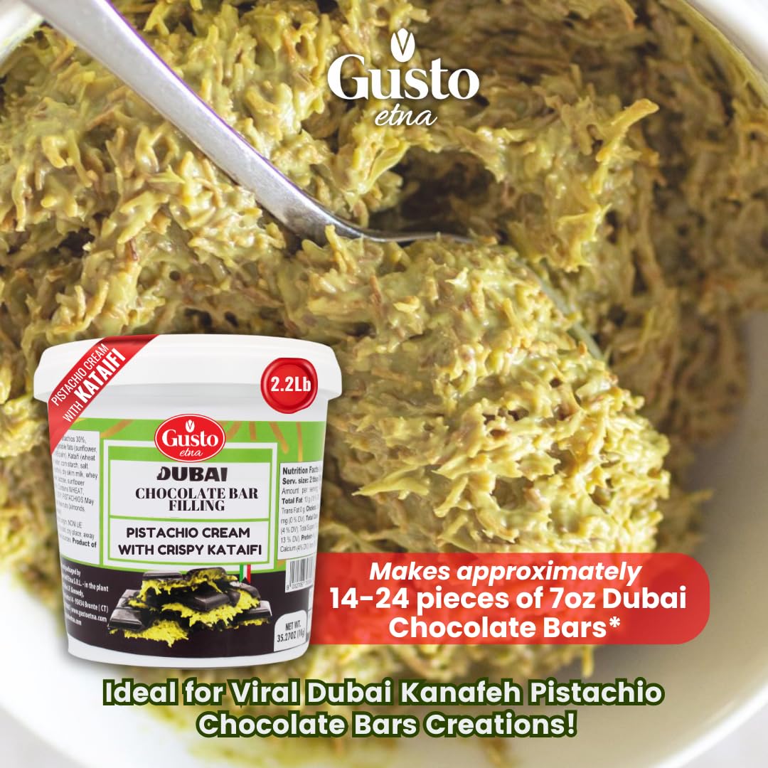 GUSTO ETNA Dubai Pistachio Chocolate Bar Filling- Pistachio Cream with Crispy Kataifi - enhanced Crunchy Spread for Gourmet Dessert Spread  35 oz (1kg)  Product of Italy