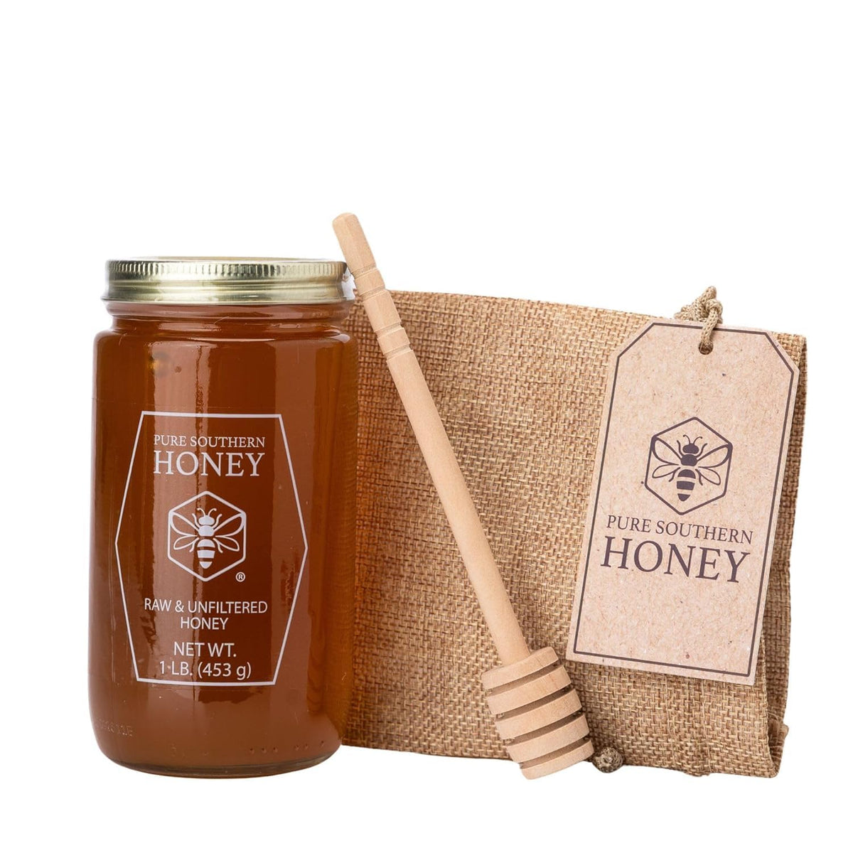100% Authentic  Usa - Made Raw Unfiltered Gourmet Honey Gift Set With Dipper By Pure Southern Honey [ 1 Lb] - Unheated - Non - Gmo  No Additives  All - Natural Sweetener- Environmental-Friendly Glass Jar