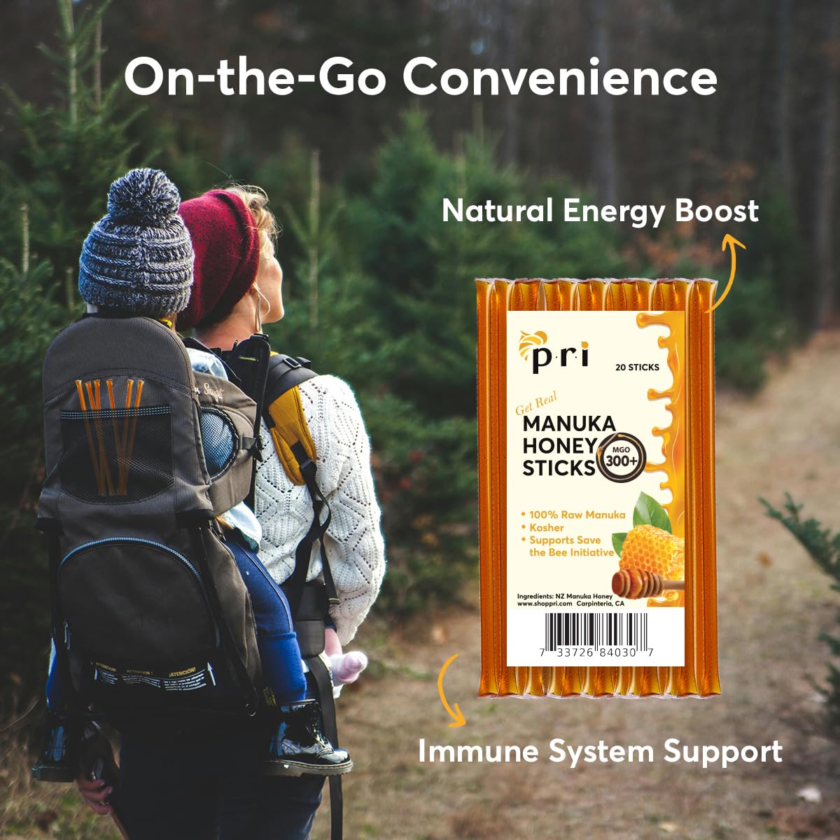 P.R.I Manuka Honey Sticks, Certified Mgo 300+, Raw New Zealand Manuka Honey, Perfect For On-The-Go, 20Ct