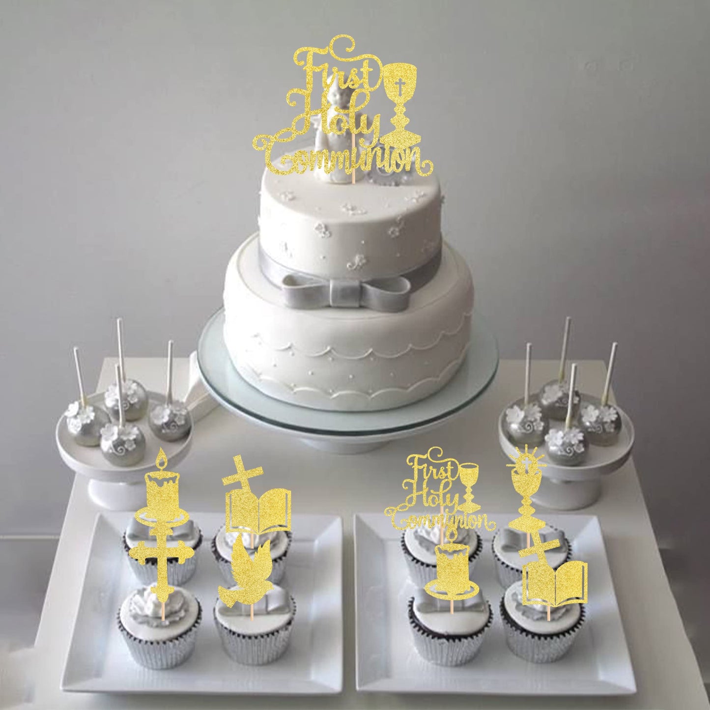 ZHUOWEISM Cupcake Toppers, 25 PCS Gold Glitter First Communion Picks, Bamboo, Small, Design 6