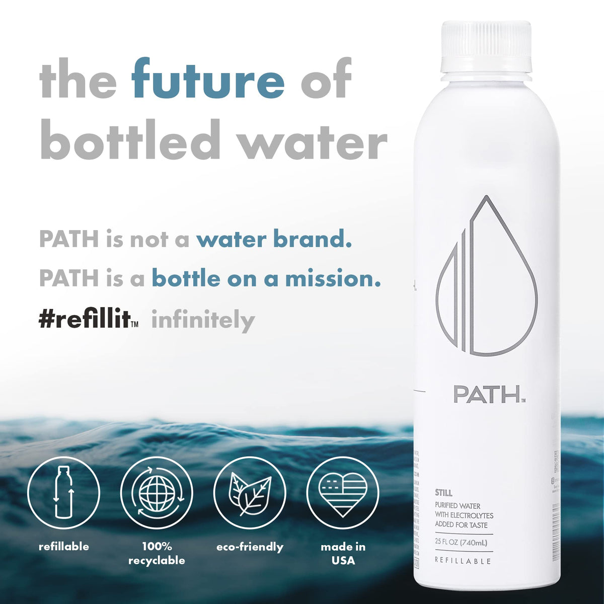 PATHWATER Ultra-Purified Bottled Water, BPA-Free, Reusable Aluminum Bottle, 25 fl oz, Pack of 18