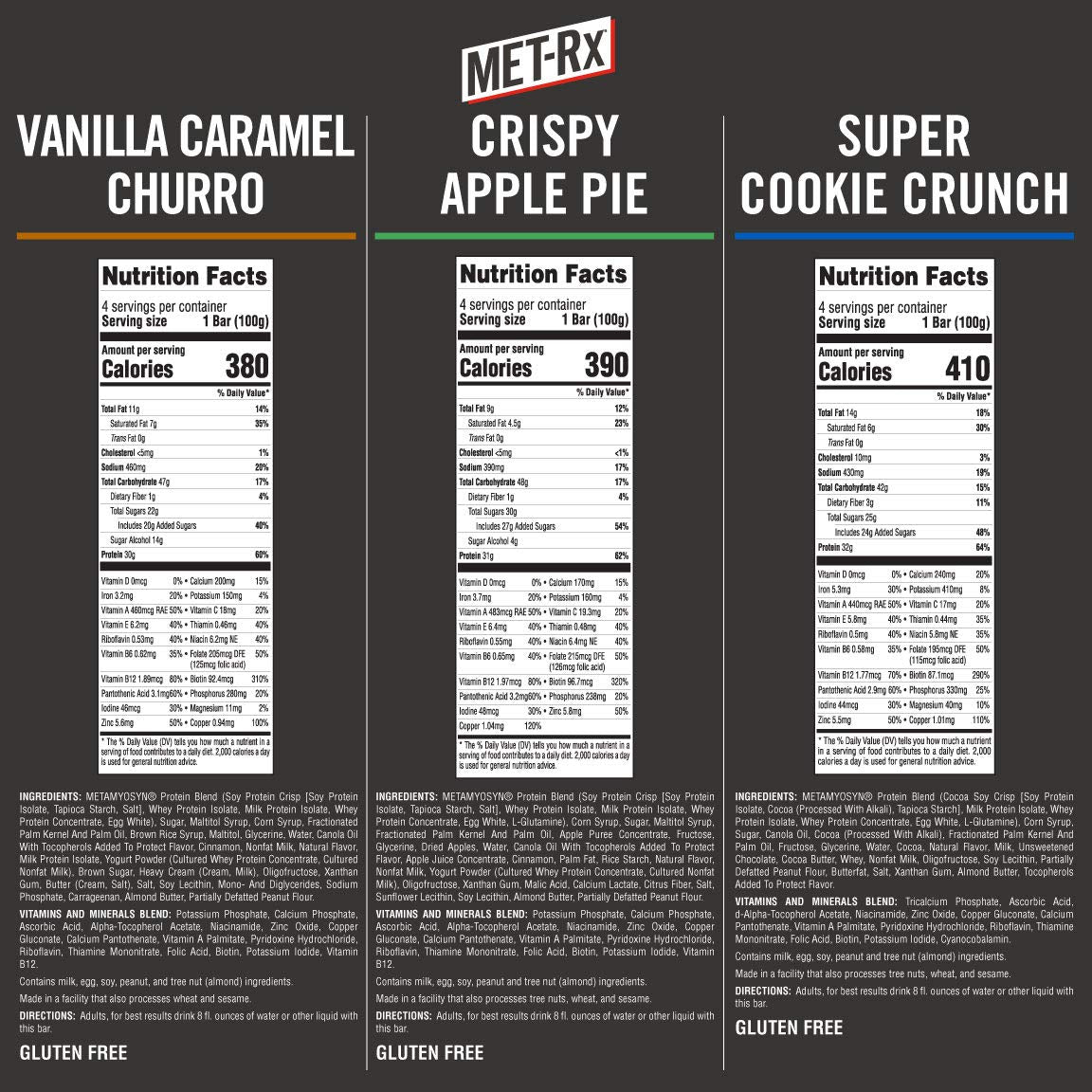 Met-Rx Big 100 Colossal Protein Bars Variety Pack, Super Cookie Crunch, Vanilla Caramel Churro, And Crispy Apple Pie Flavors, Brown, 12 Count
