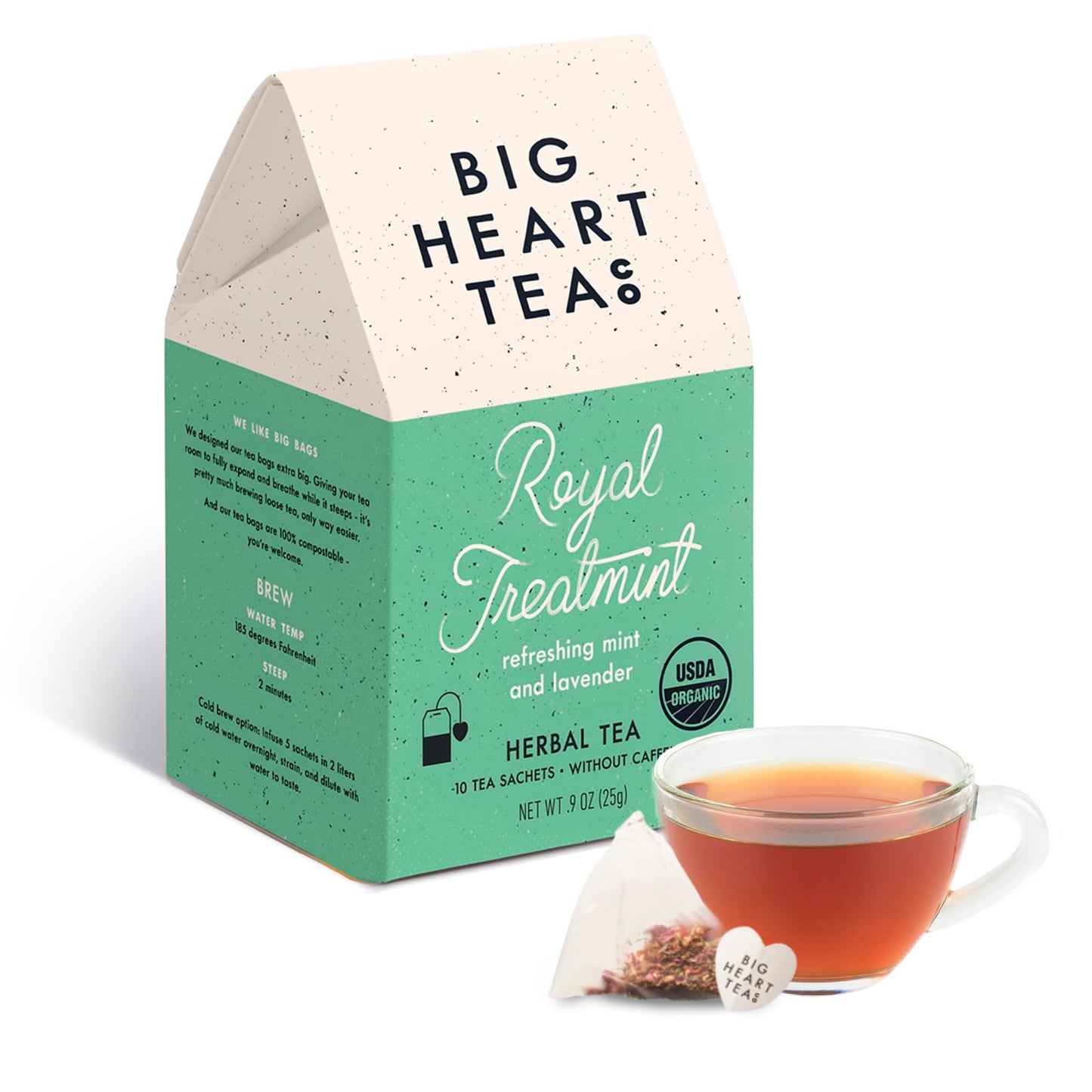 Big Heart Tea Co. Tea Bags - Royal Treatmint Lavender Mint - Organic Herbal Decaf - 10 Zero Plastic Sachets