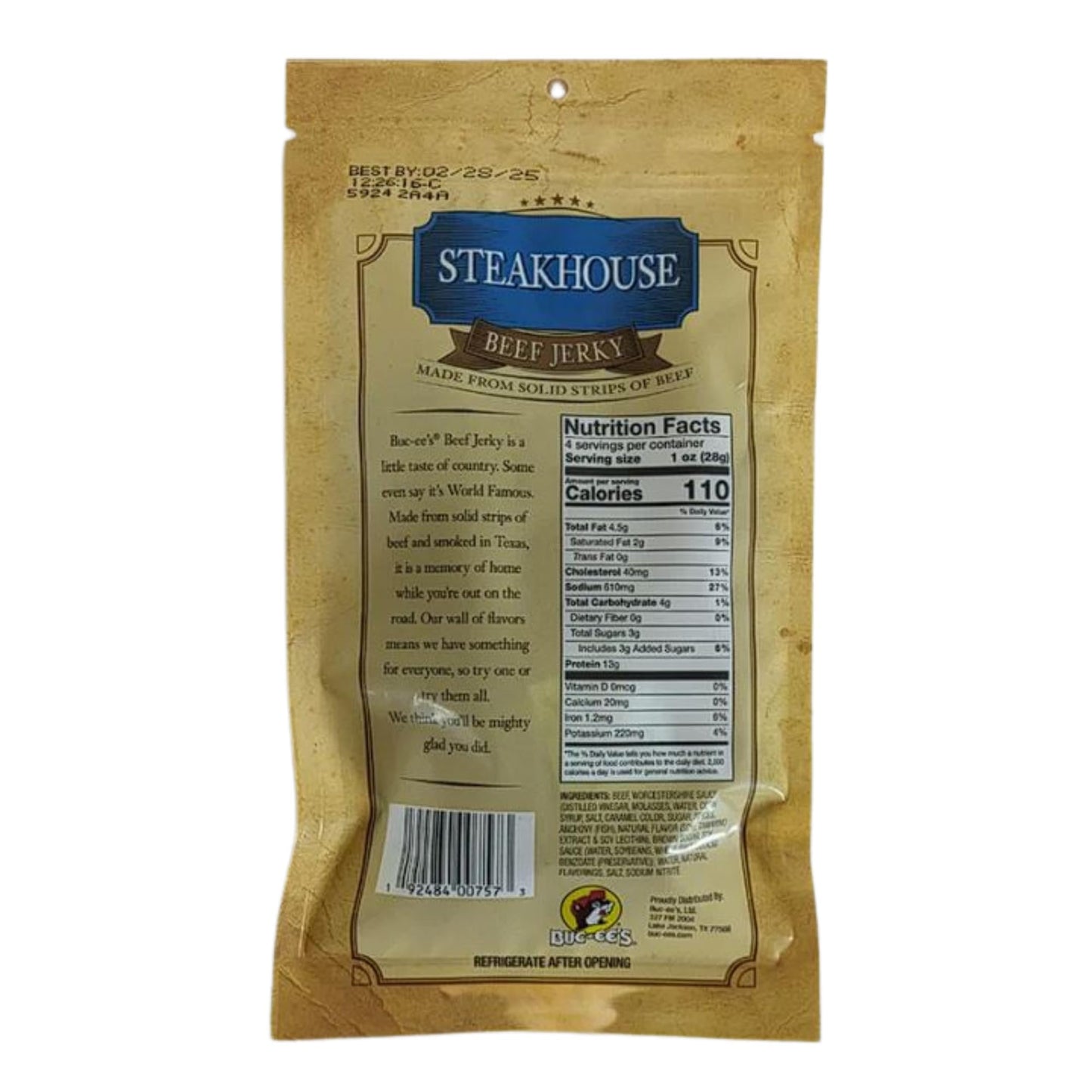 Buc-ees Steakhouse Beef Jerky, Resealable Bag, 4 Ounces
