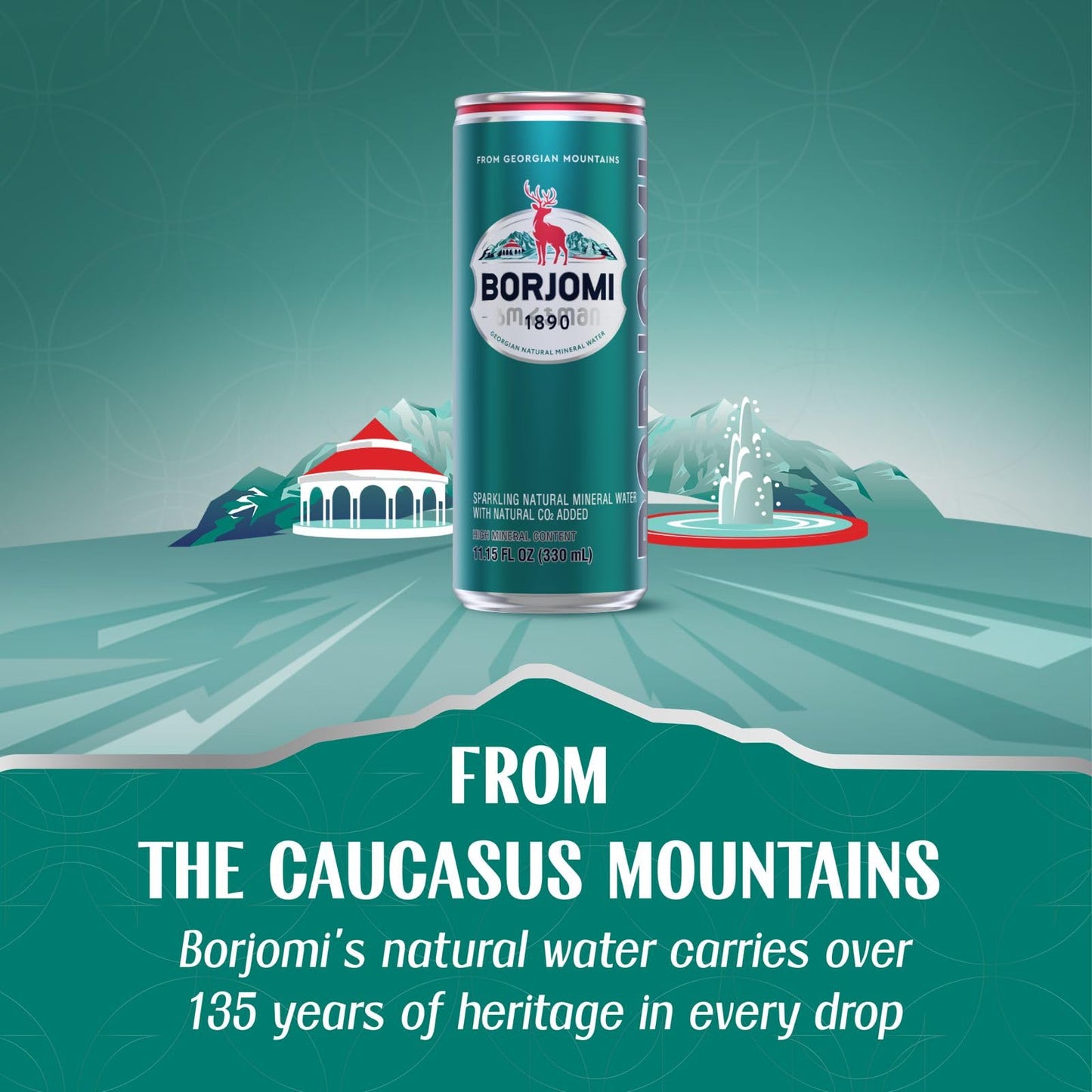 BORJOMI Sparkling Mineral Water from Georgian Volcanic Springs  Canned  Naturally Carbonated  Plain  Unflavored  11.15 fl oz Cans  12 Pack