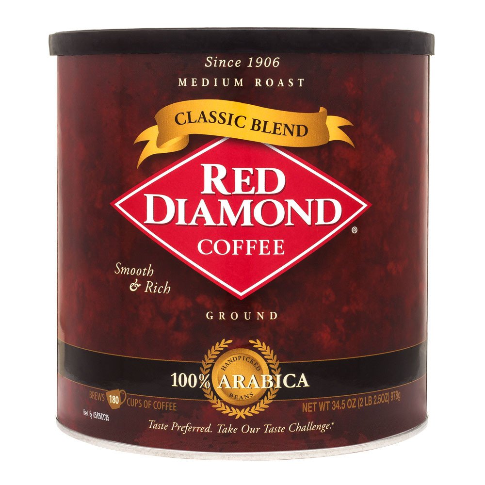 Red Diamond Ground Coffee  100% Colombian  Medium Roast  Top-High Standardrabica Beans  Hearty & Full Flavor  34.5 Ounce Resealable Can