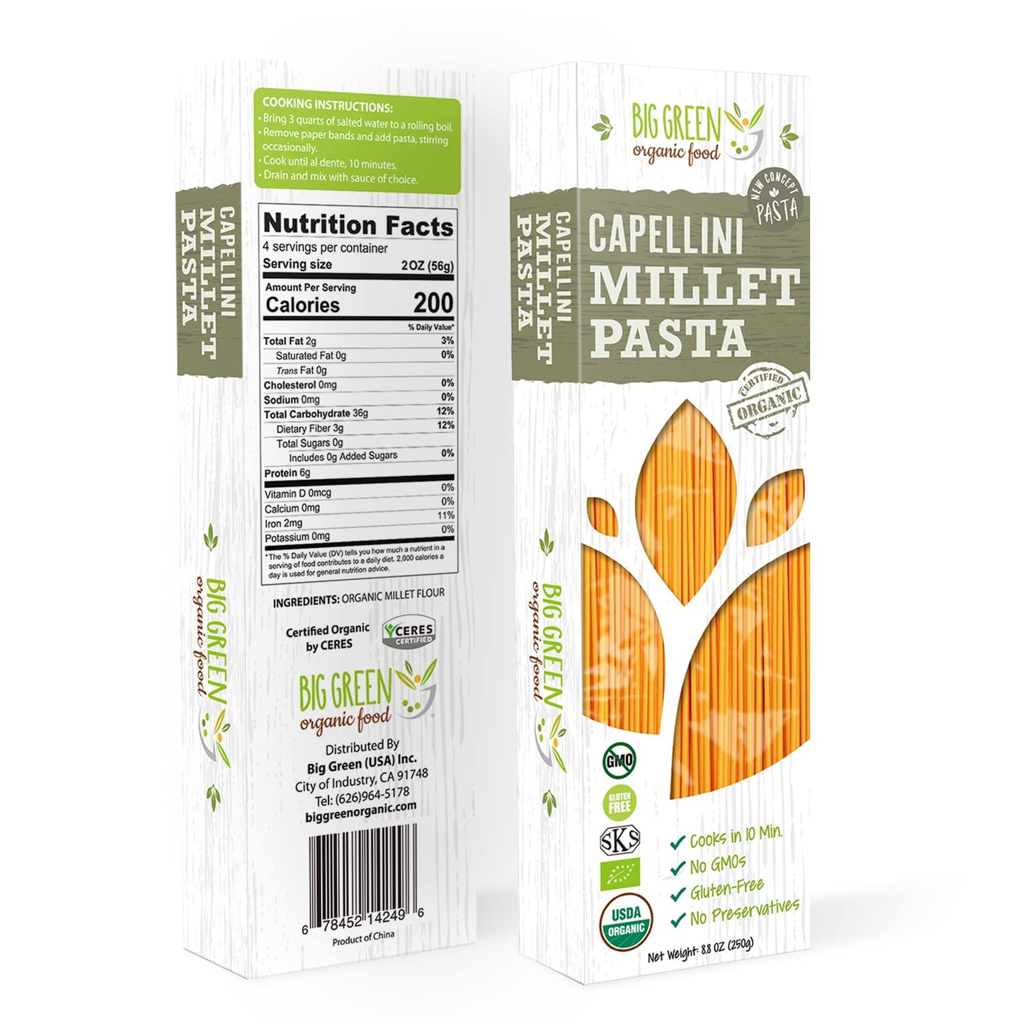 Big Green Organic Food- Organic Millet Capellini, Gluten-Free, Lectin-Free, Non-GMO, Vegan, 6g of Protein, Wheat and Rice Altern