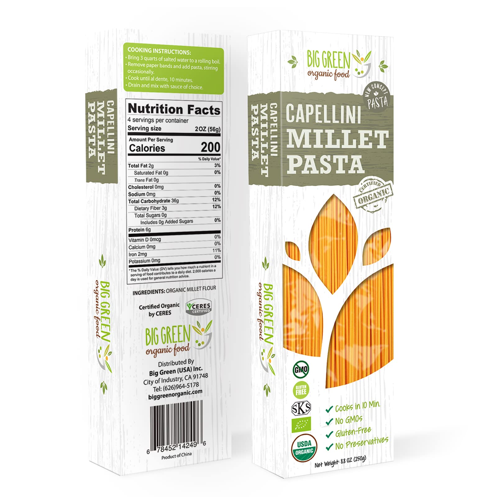 Big Green Organic Food- Organic Millet Capellini, Gluten-Free, Lectin-Free, Non-GMO, Vegan, 6g of Protein, Wheat and Rice Altern