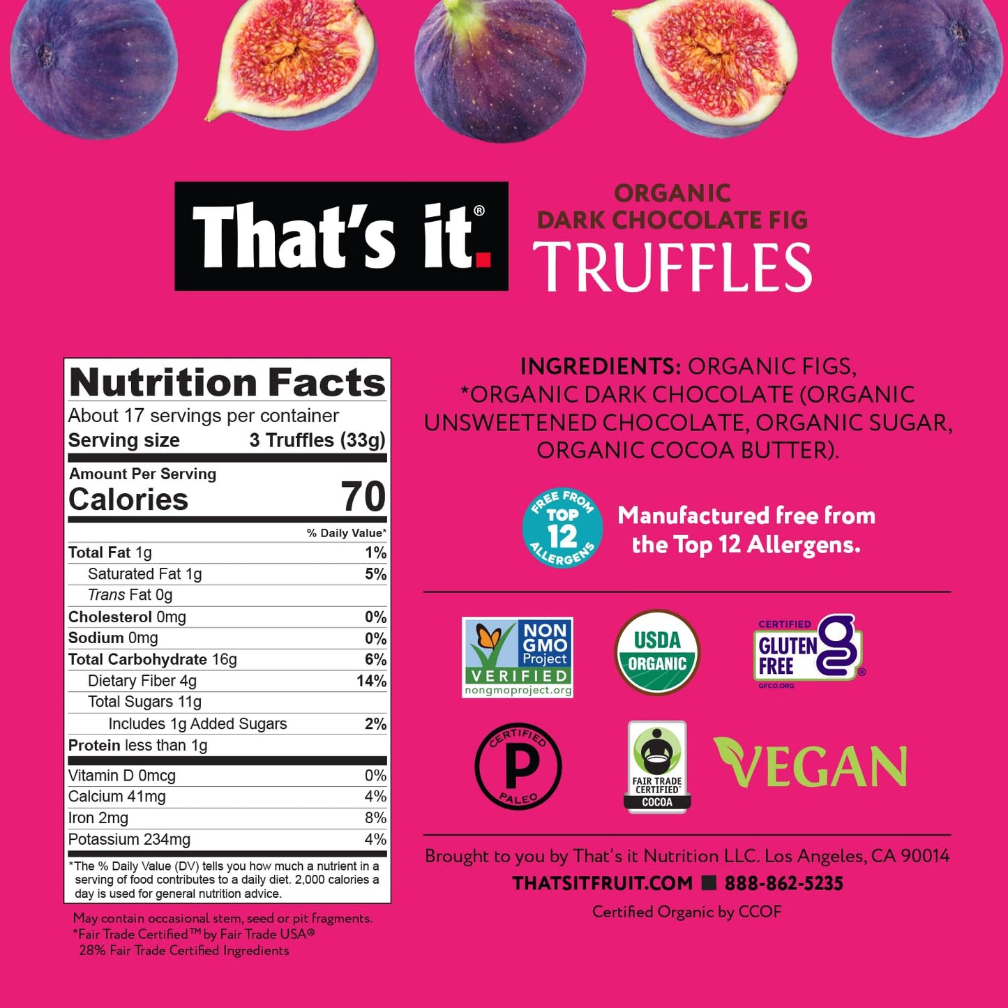Thats It. Organic Dark Chocolate & Fig Truffles. 100% Plant-Based, Vegan, Gluten-Free, All Natural, 23 Calories Per Truffle (20 Oz)