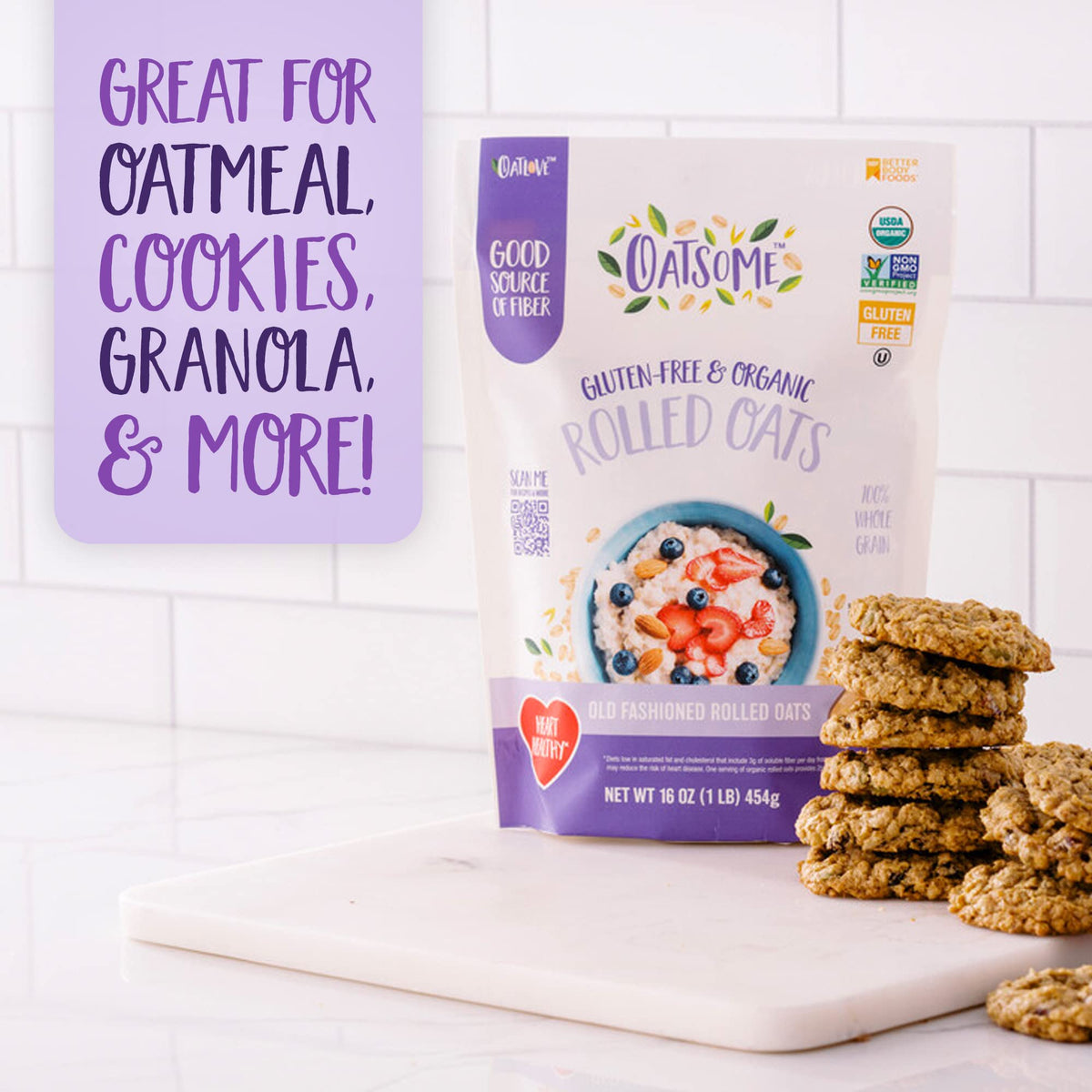 Oatsome Organic Rolled Oats, 1lb Bag (Pack of 2)