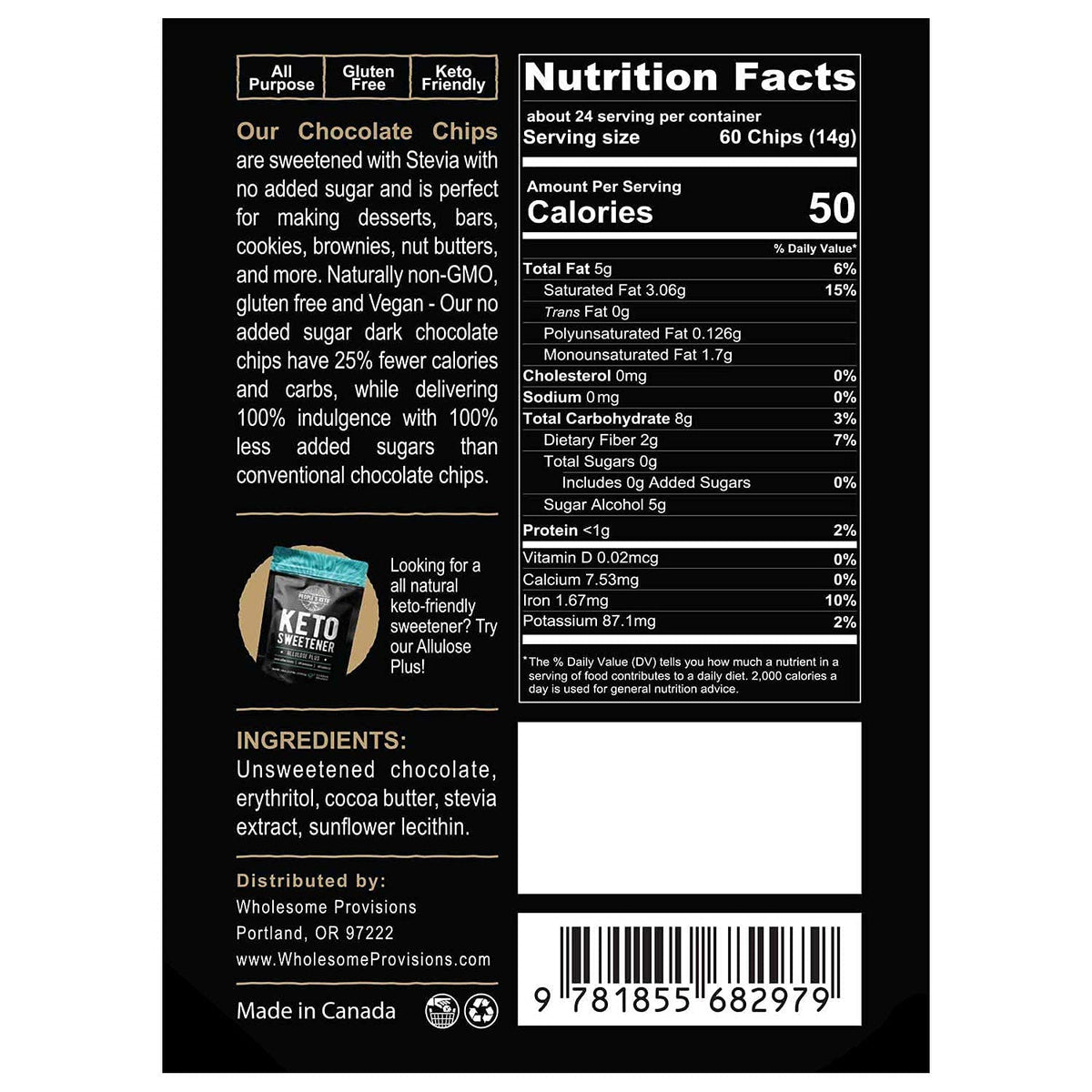 Wholesome Provisions Sugar Free Chocolate Chips, Stevia Sweetened, 12 oz, Vegan, Keto, Gluten Free, Non-GMO, Pack of 3