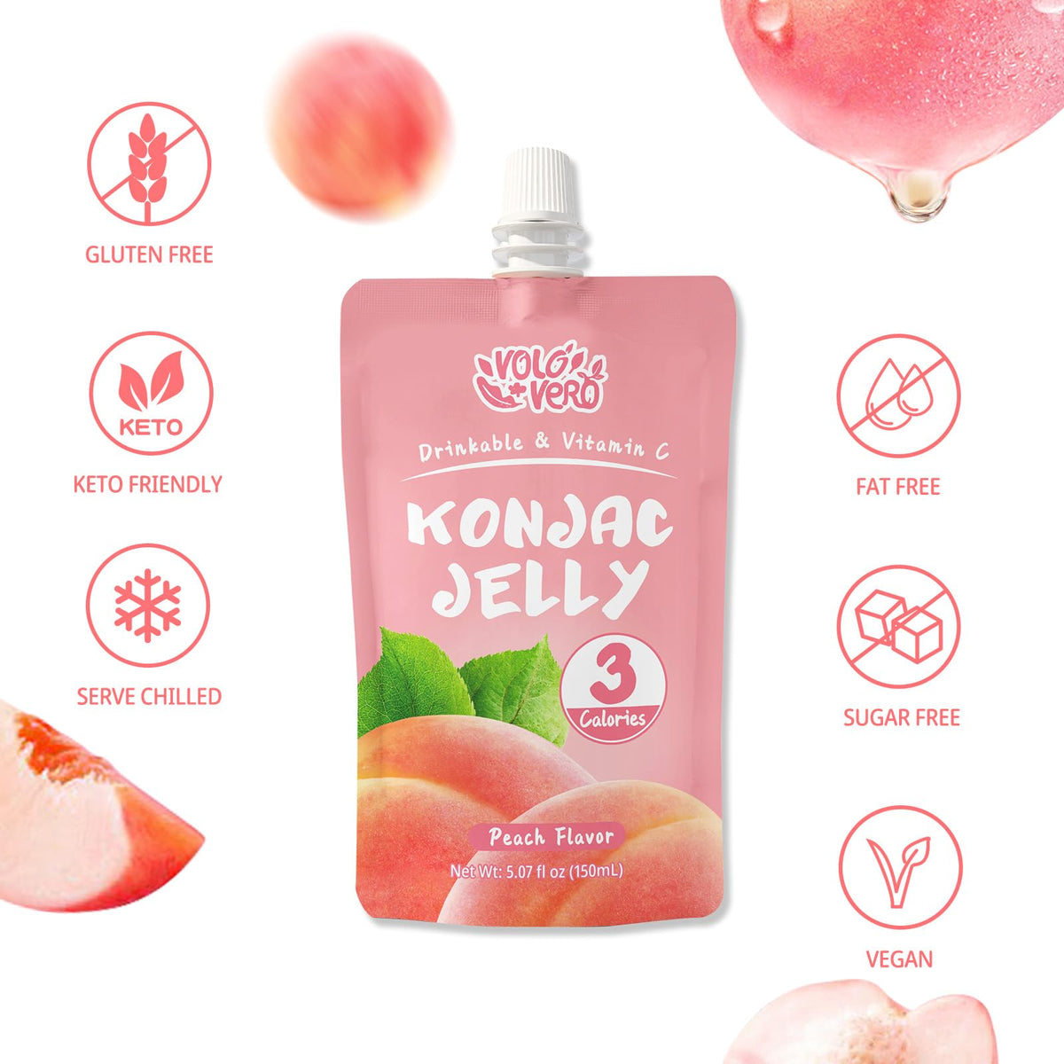 VOLO VERO Konjac Jelly Squeeze Pouch Peach Flavor, Low Calories (3 Kcal), 10 Packs, Gluten Free & Vegan, 0 Sugar, Keto, Low Carb