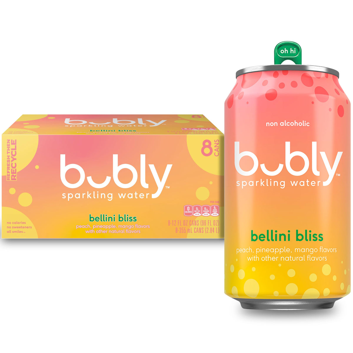 Bubly Sparkling Water, Bellini Bliss, Zero Sugar & Zero Calories, 12 fl oz Cans, (Pack of 8)