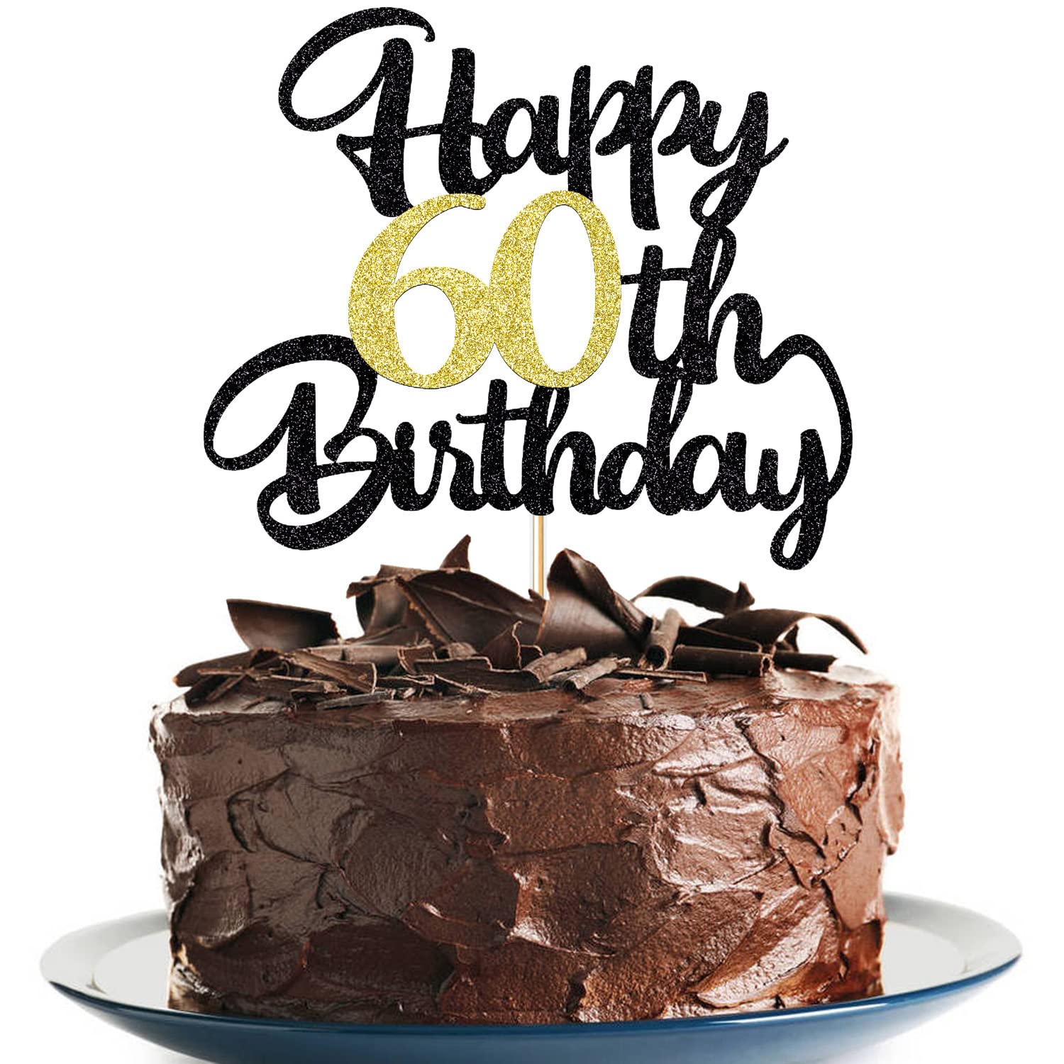 Klionjor Cake Topper - 60th Birthday Decoration, Black Gold Glitter, Photo Prop, Cardboard Material