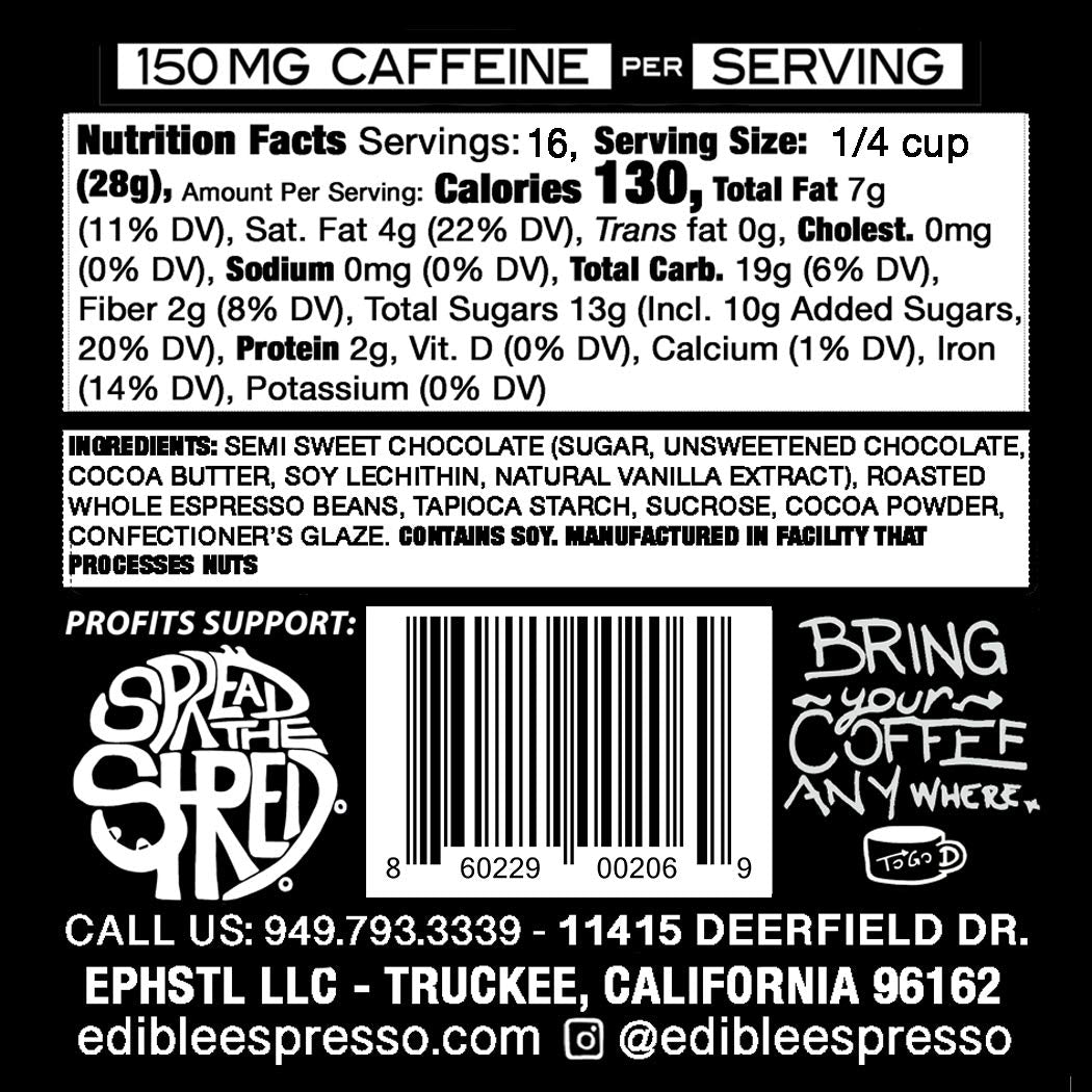Edible Espresso Dark Chocolate Covered Coffee Beans, 150mg Caffeine, Plant-Based, Dairy-Free, 16 Ounce (Pack of 1)