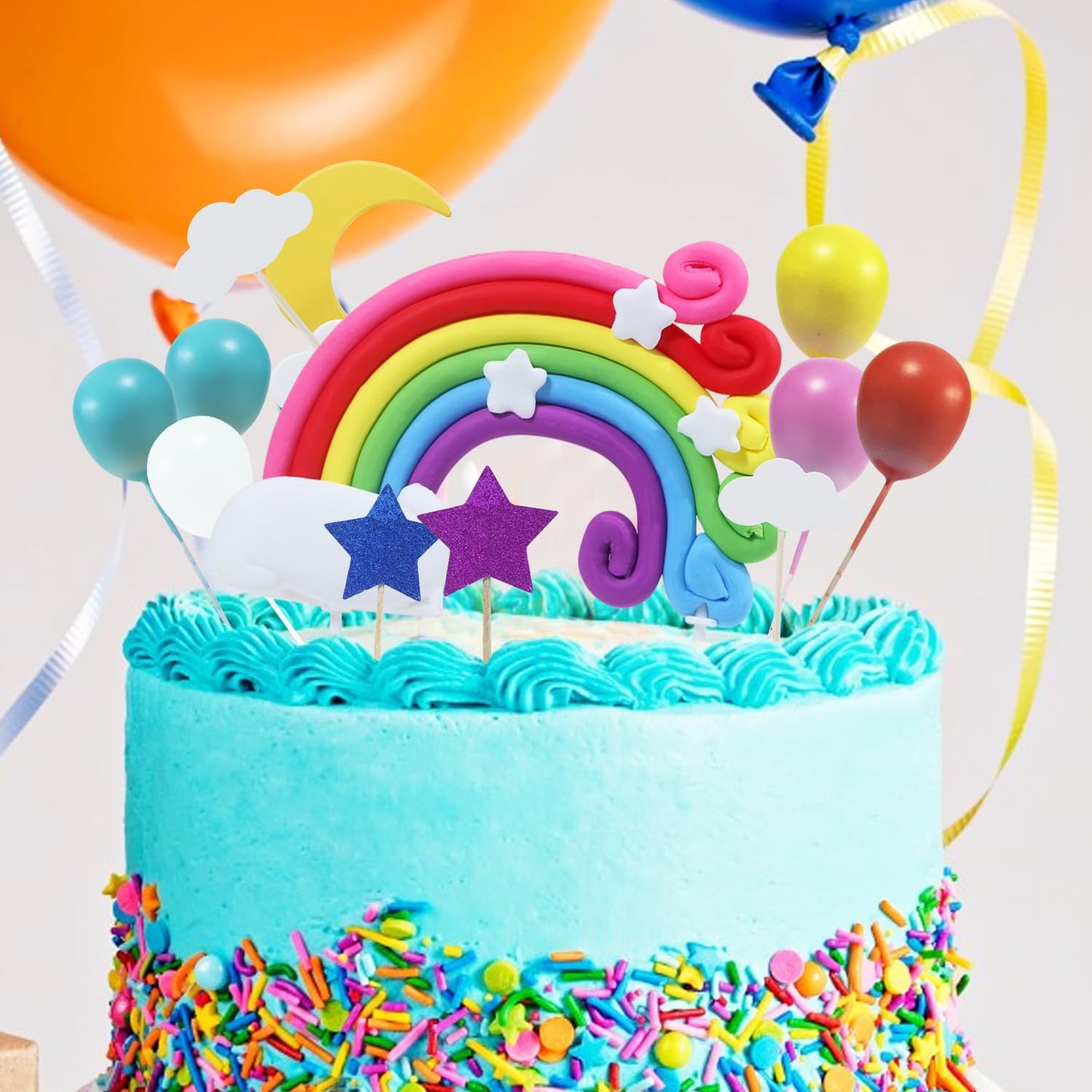 Blingabc Rainbow Cloud Cake Topper, 15Pcs Colorful Rainbow Soft Pottery Cake Toppers Set With Colorful Balls Cloud Moon Stars Ca
