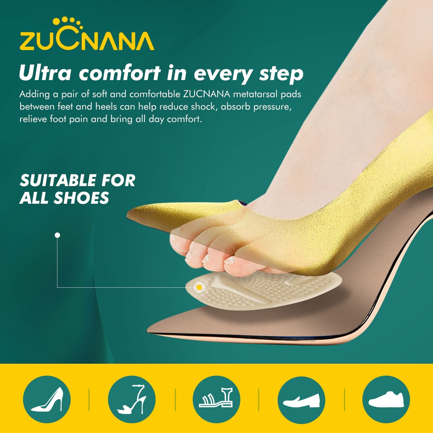 Zucnana Metatarsal Pads Ball Of Foot Cushions (6 Pairs), Non-Slip High Heel Cushion Inserts Women, One Size Fits All Shoe Insert