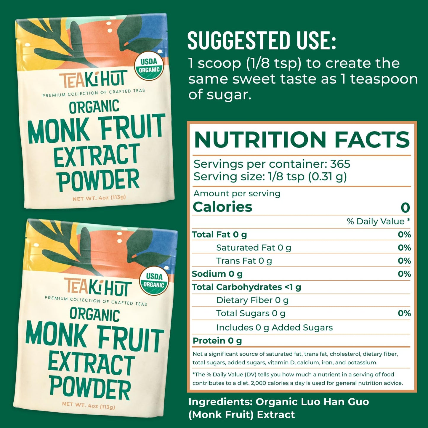 Organic Pure Monk Fruit Sweetener, No Erythritol 4oz, 100% Monk Fruit Extract Organic Powder for Keto and Paleo Diet, No Afterta