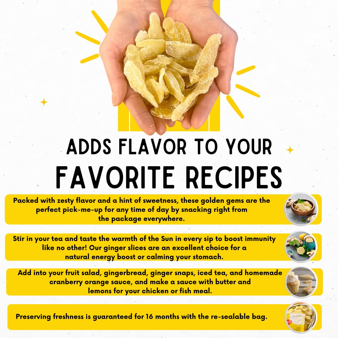 Sunbest Natural - Sliced & Candied Ginger, Crystallized Ginger for Baking and for Snacking, Vegan Dried Ginger, Non-GMO, Kosher