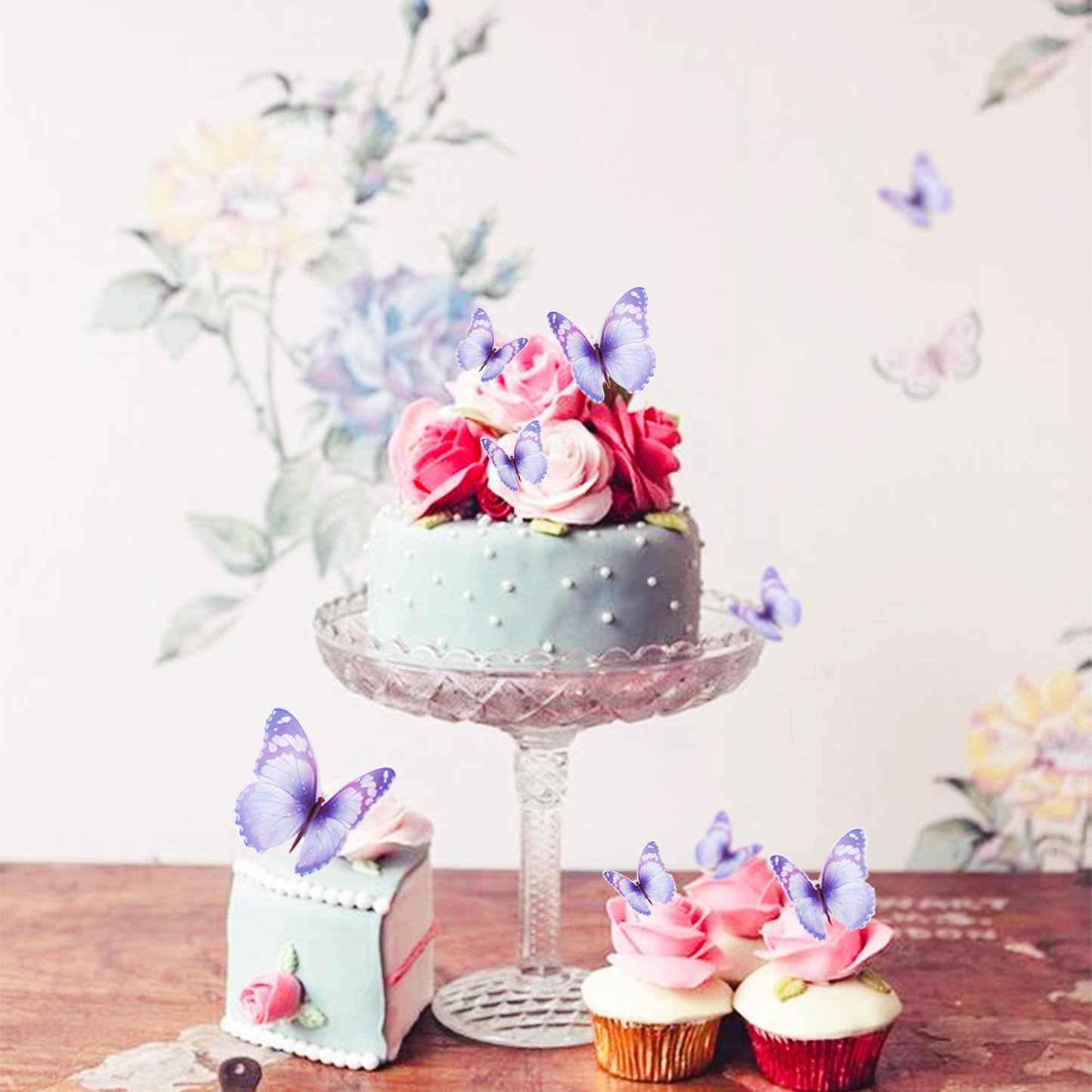Cyodoos 30Pcs Bule Purple Mixed Size Lively 3D Waterproof Butterfly Cupcake Topper For Girls Women'S Happy Birthday Wedding Part