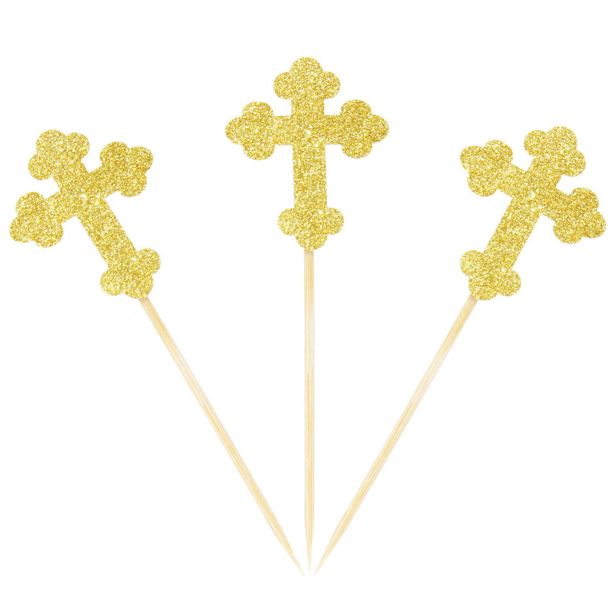 Ercadio Cupcake Toppers Gold Glitter 24 Pack for Baby Baptism Party Decorations, Small, Paper