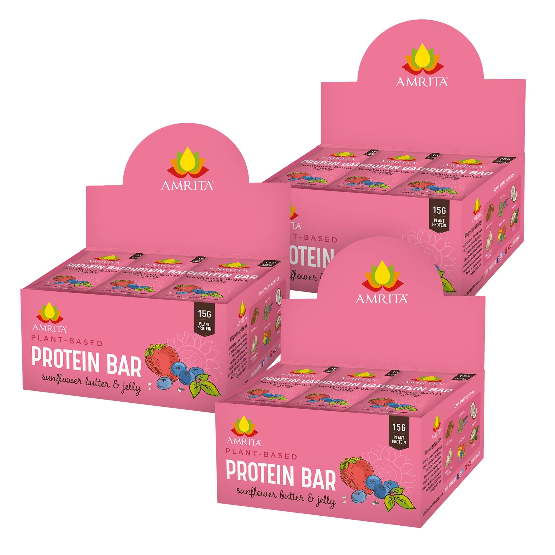 Amrita Nut Free Vegan Protein Bars, Sunflower Butter & Jelly, 15g Protein, 12 Count (Pack of 3), Gluten-Free, Dairy-Free, No Added Sugar