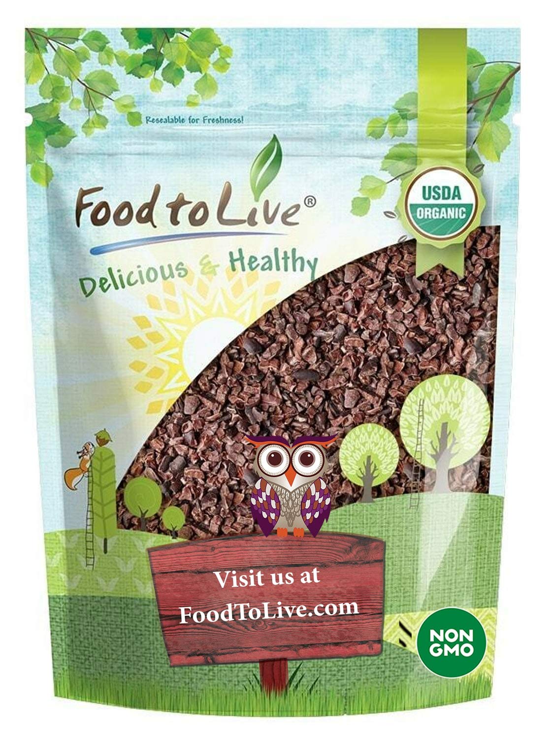 Food to Live Organic Cacao Nibs, 2 Pounds - Unsweetened, Non-GMO, Kosher, Raw, Vegan, Sirtfood, Bulk