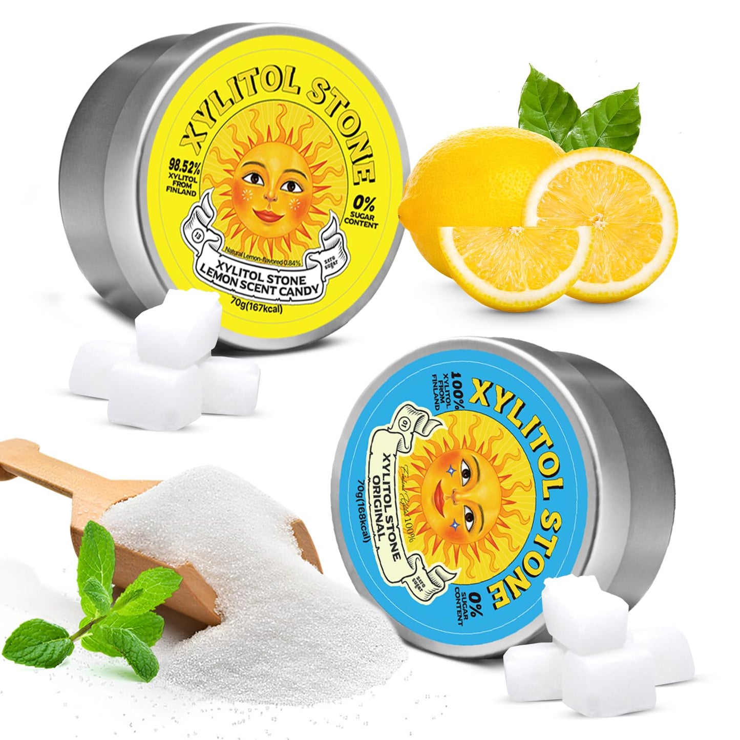 Xylitol Stone Sugar Free Candy - Vegan & Keto Friendly Unique Hard Candy - 100% Natural Flavor Candies - Gluten Free & Non-Gmo Breath Freshener Low Calorie Mints - Pack Of 2 (Oriflavor Blendal  Lemon)