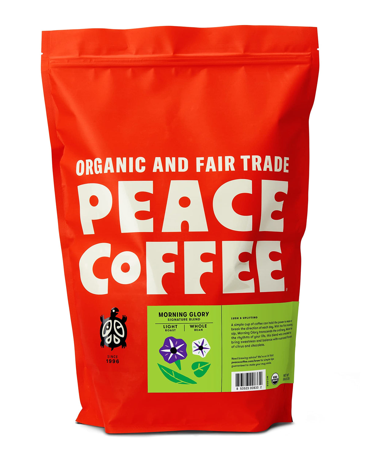 Peace Coffee Morning Glory Signature Blend | 5 lb Whole Bean Light Roast | Organic Fair Trade | Smooth, Mild Flavor | Shade Grow