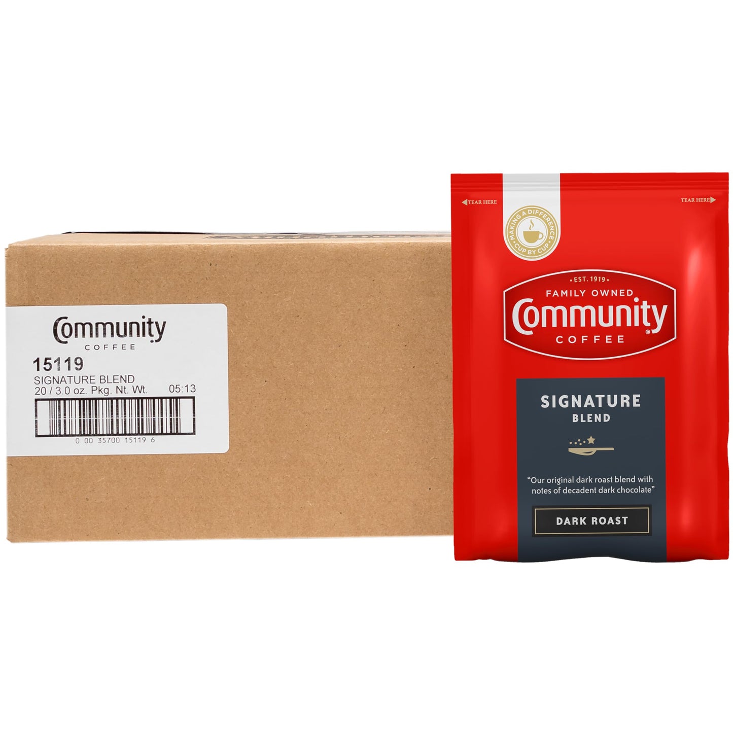 Community Coffee Signature Blend Dark Roast Coffee Packs, 3 Ounce Bag, Box of 20