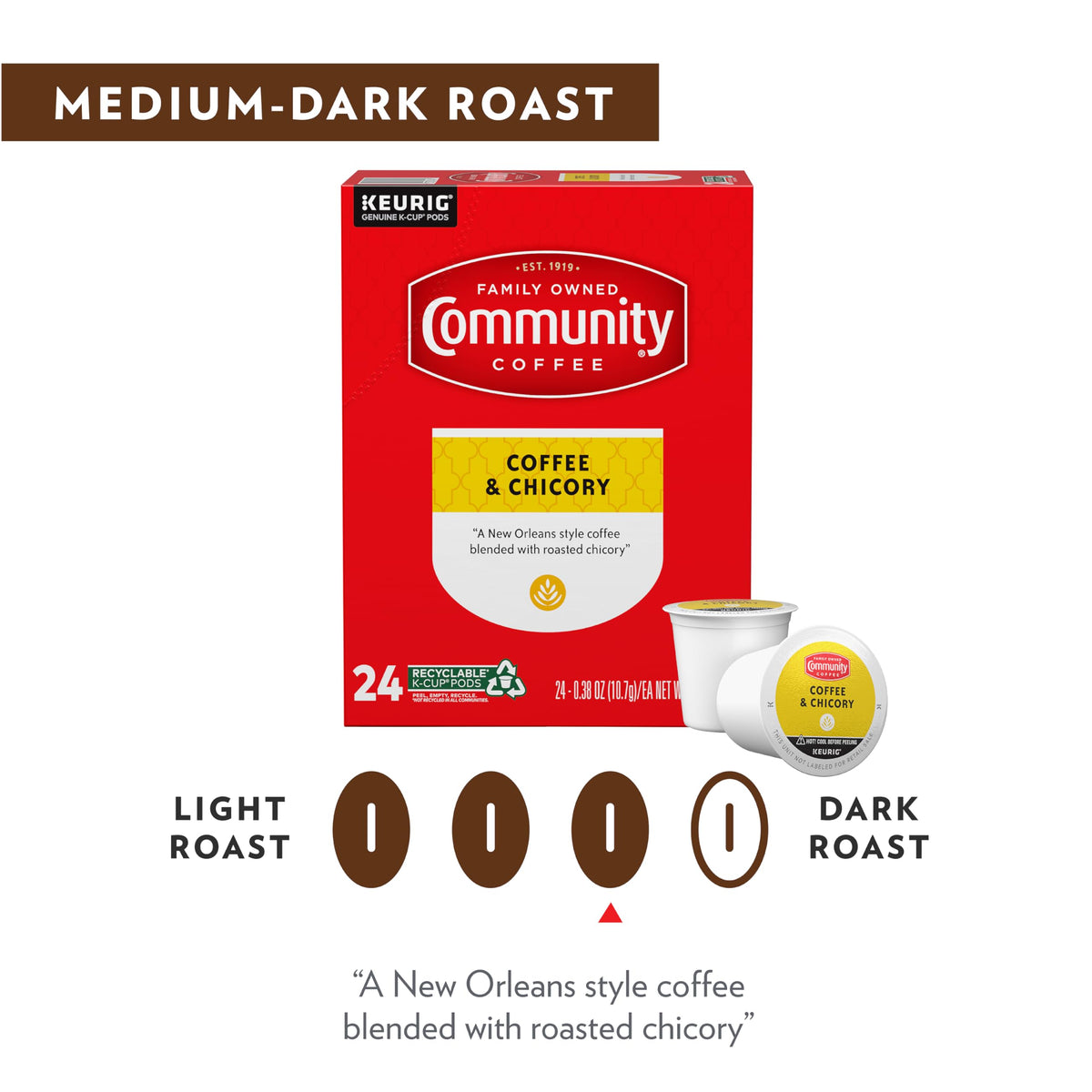 Community Coffee Coffee & Chicory Pods, Medium-Dark Roast, Compatible with Keurig 2.0, 72 Count (Pack of 1)