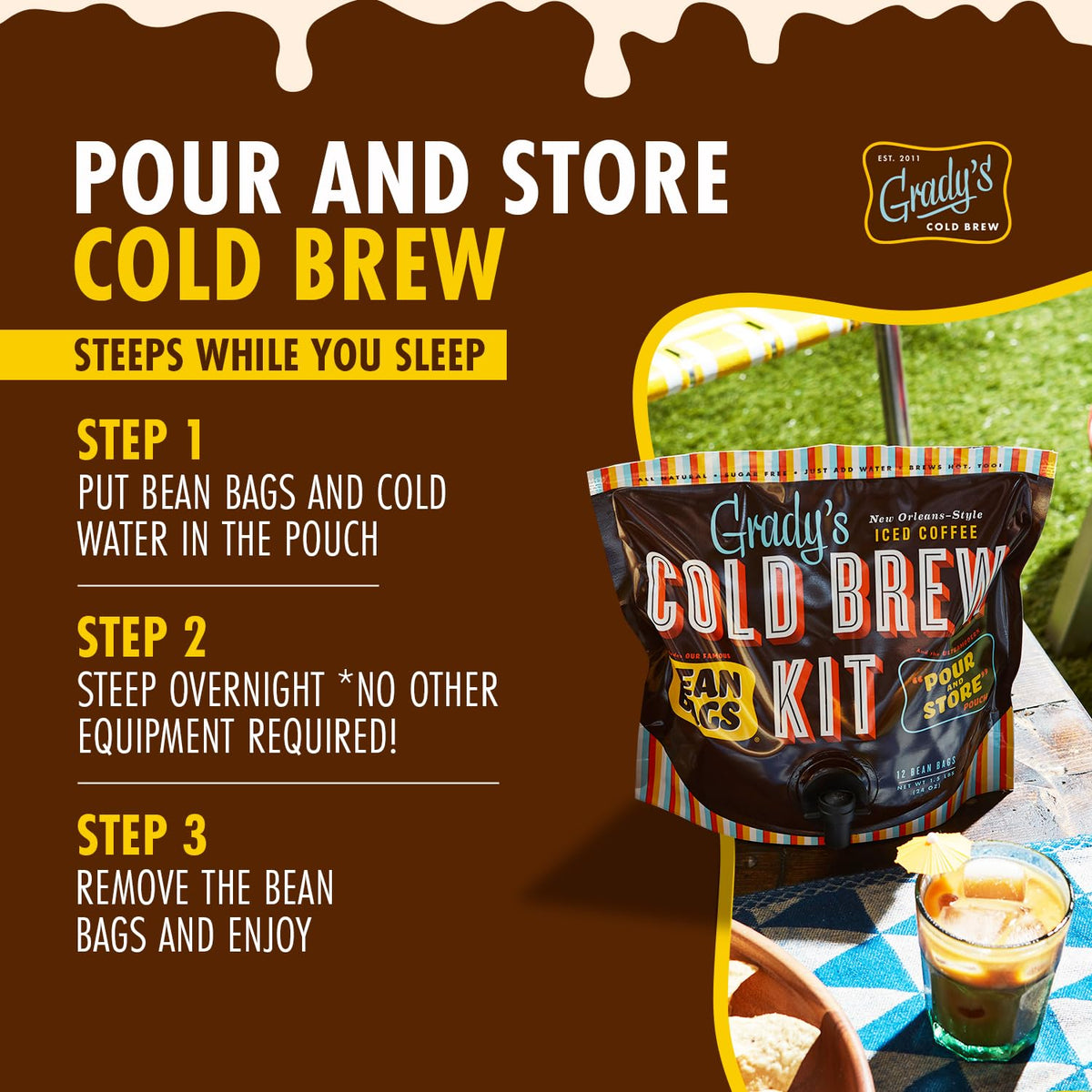 Grady'S Cold Brew Coffee, Original, Cold Brew Kit With 12 (2Oz.) Bean Bags Plus 1 Pour And Store Pouch Included, New Orleans Sty