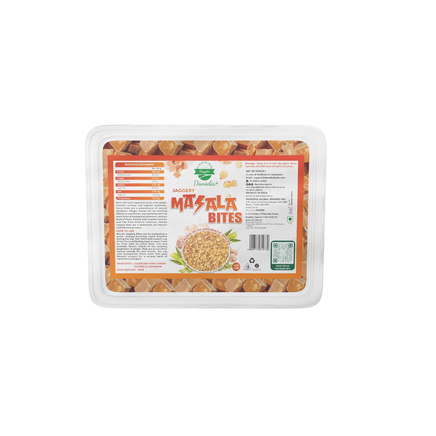 Danodia Foods Organic Masala Jaggery Cubes/Blocks (450G/16 Oz) | Flavor Blendger & Cardamom Infused | Gluten Free  Unrefined & Naturally Sweet Brown Gur | No Added Sugar | Delicious Vegan Snack & Sweetener
