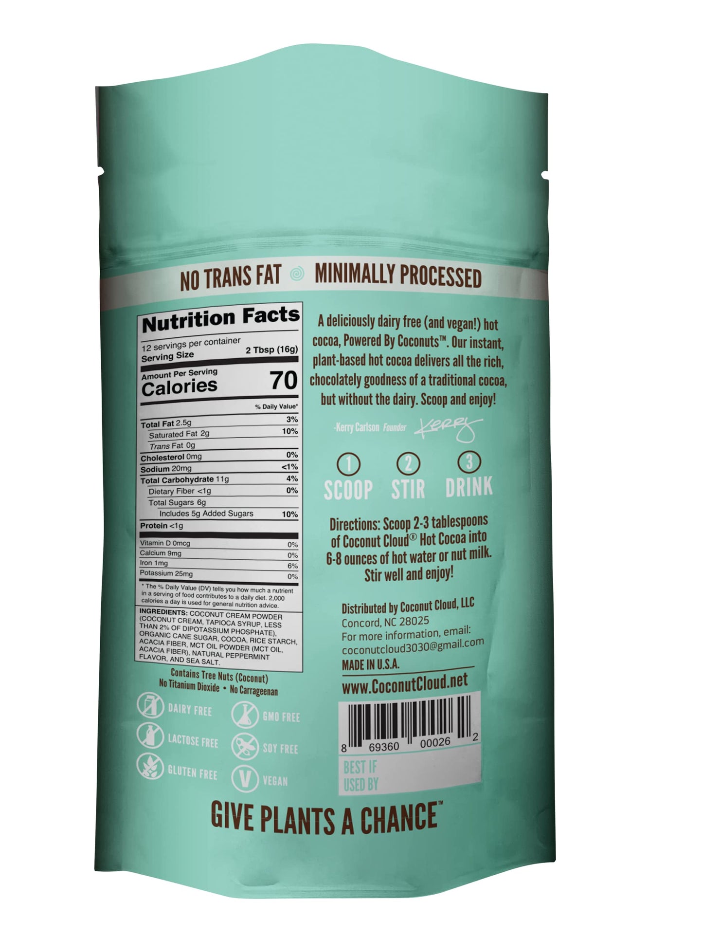 Coconut Cloud Dairy Free Instant Drink - Vegan Coconut Powdered Milk with MCT Oil, Peppermint Cocoa, 7 oz