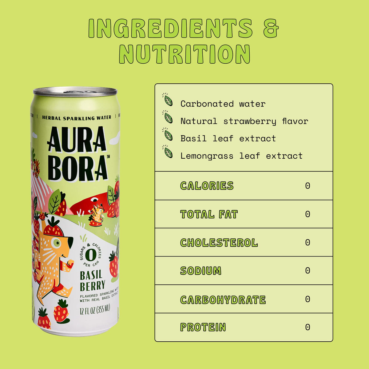Aura Bora, Strawberry Basil Herbal Sparkling Water, 12 oz Can (Pack of 12), 0 Calories, 0 Sugar, 0 Sodium, Non-GMO