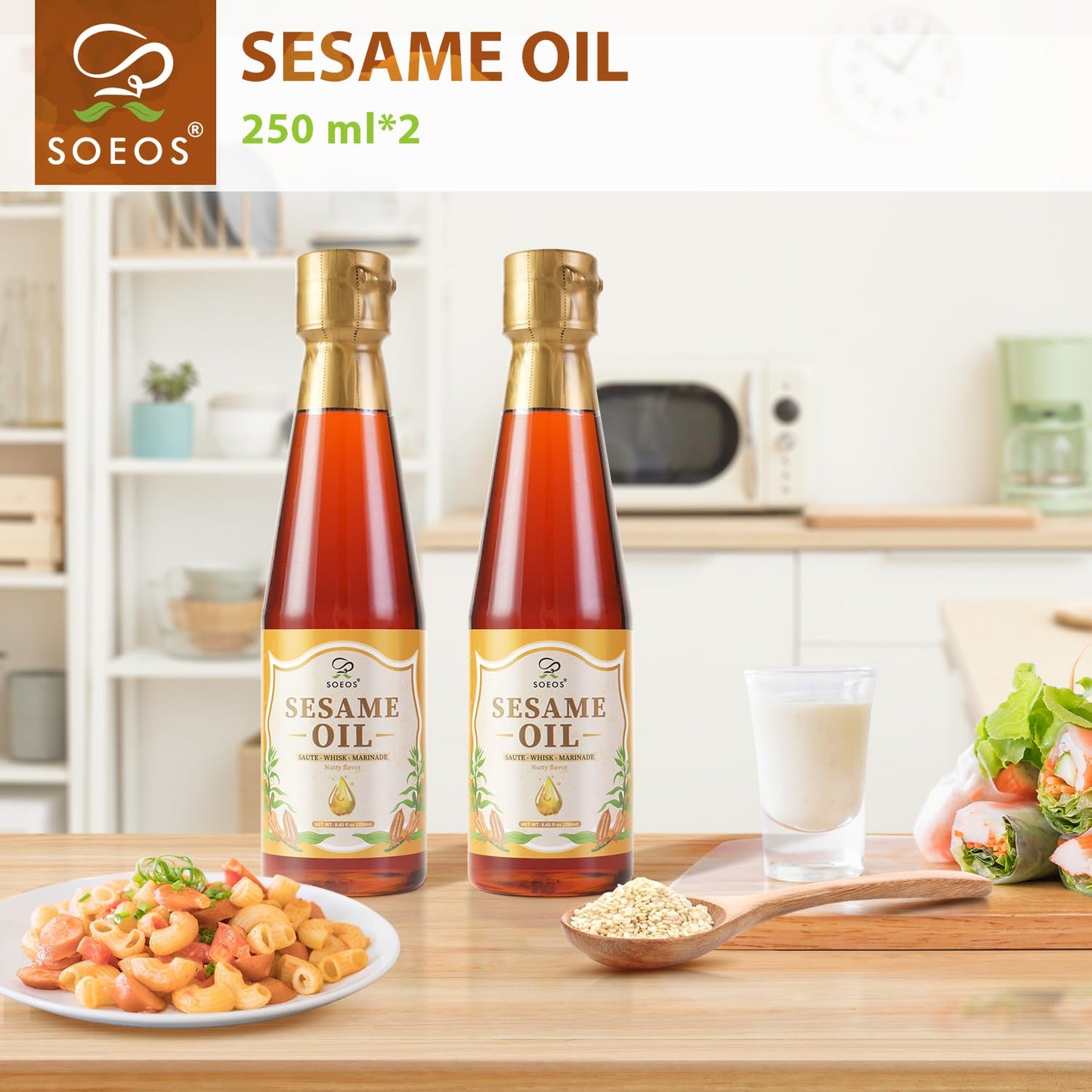Soeos Sesame Oil, Toasted Sesame Seed Oil, 8.45 Fl Oz (250 ml) Pack of 2, Total 500 ml, Nutty Flavor, Perfect for Asian Food, No