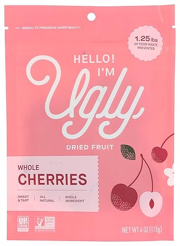 Hello! I’m Ugly Dried Cherries Unsweetened Fruit Snacks, No Sugar Added, Healthy Sweet Snacks, Upcycled California Produce, 4 oz, Pack of 3