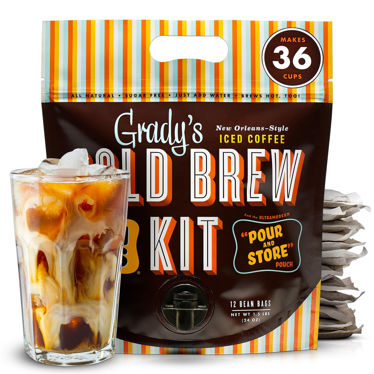 Grady'S Cold Brew Coffee, Original, Cold Brew Kit With 12 (2Oz.) Bean Bags Plus 1 Pour And Store Pouch Included, New Orleans Sty