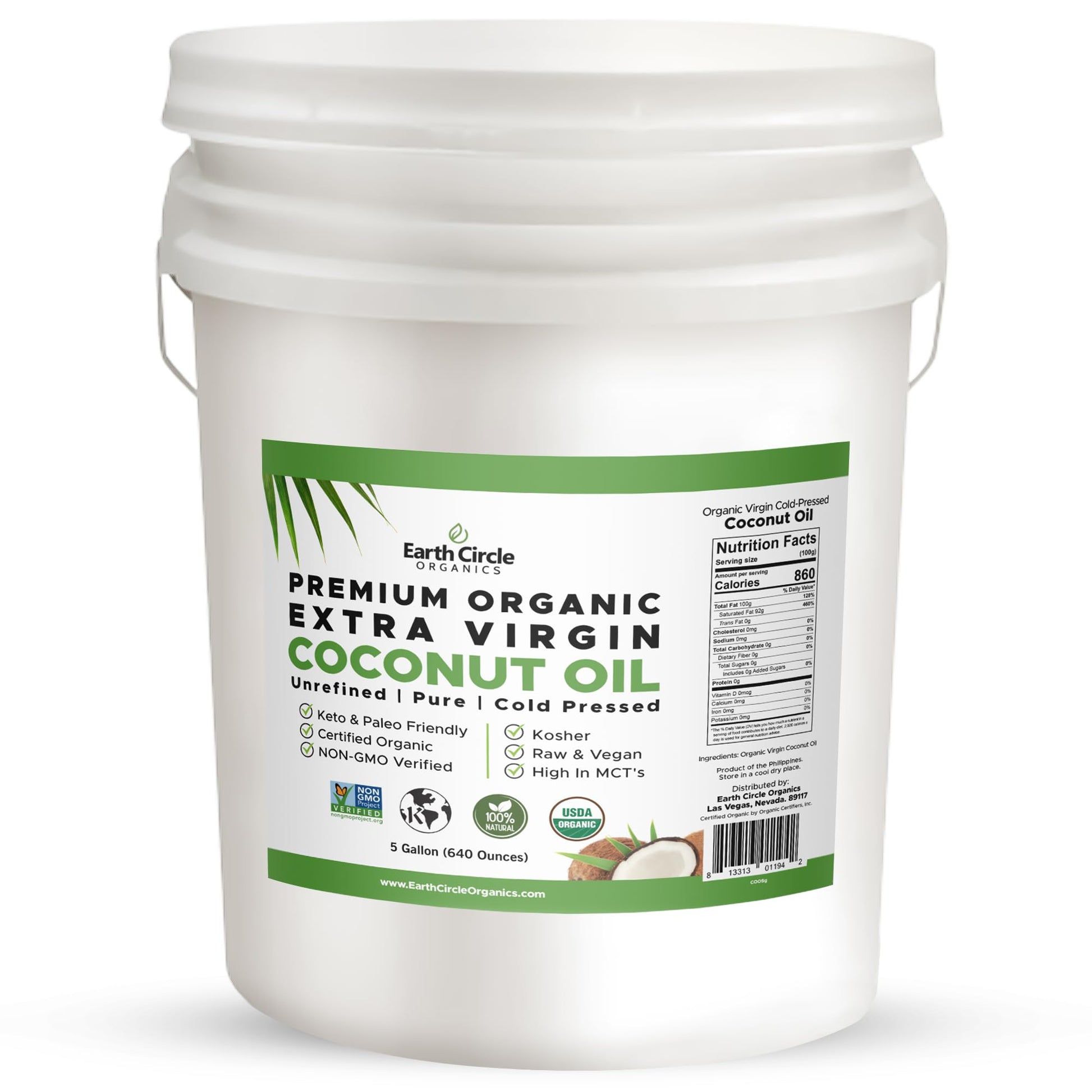 Earth Circle Organics Premium Ultra-Pure UNREFINED Cold Pressed Organic Extra Virgin Coconut Oil - Gluten-Free, Keto & Paleo Fri