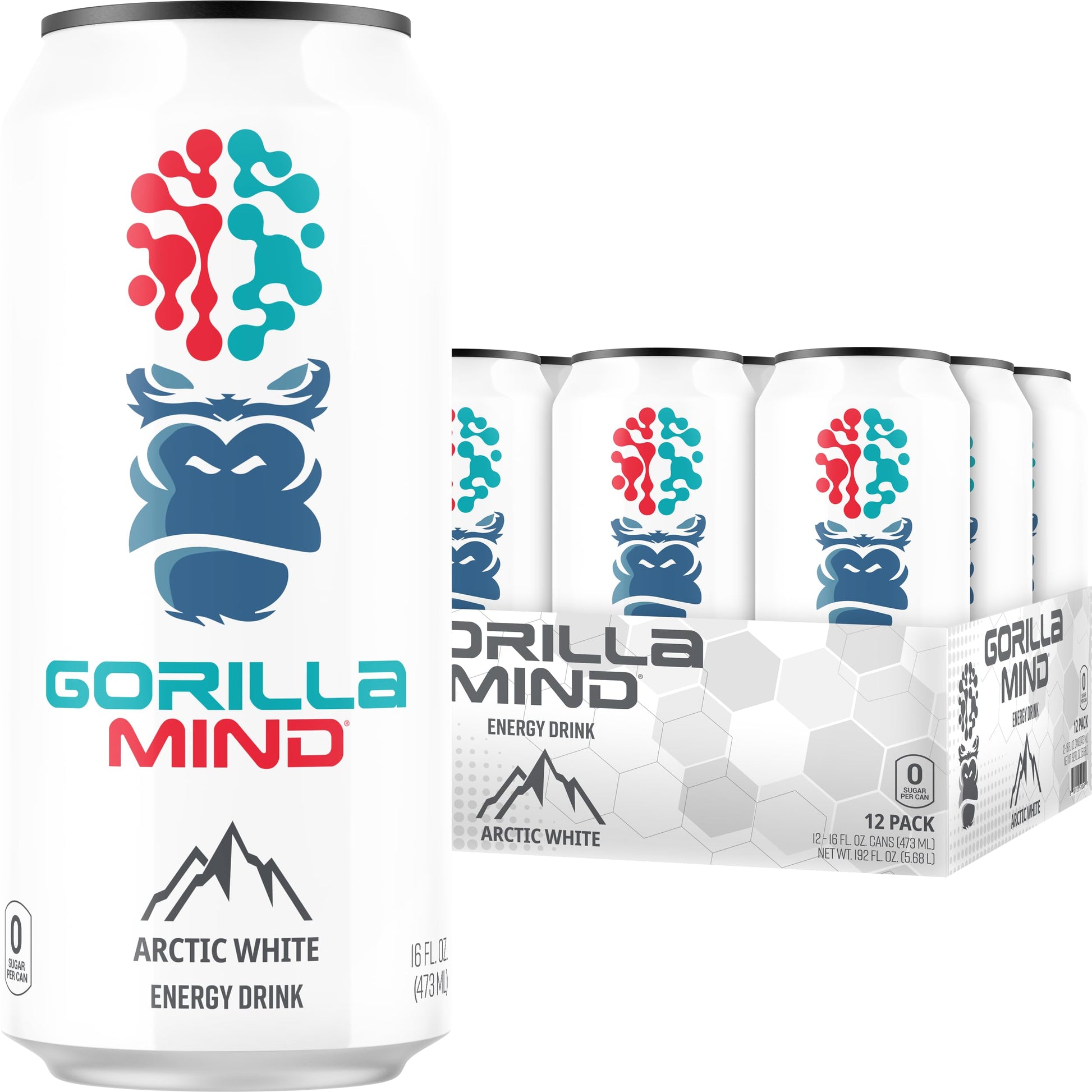 Gorilla Mind Energy Drink | Unmatched Energy  Amplified Focus | N-Acetyl-L-Tyrosine  Alpha-GPC  200mg Caffeine  Uridine  Saffron | 0 Sugar Or Artificial Colors | 16oz  12-Pack (Arctic White)