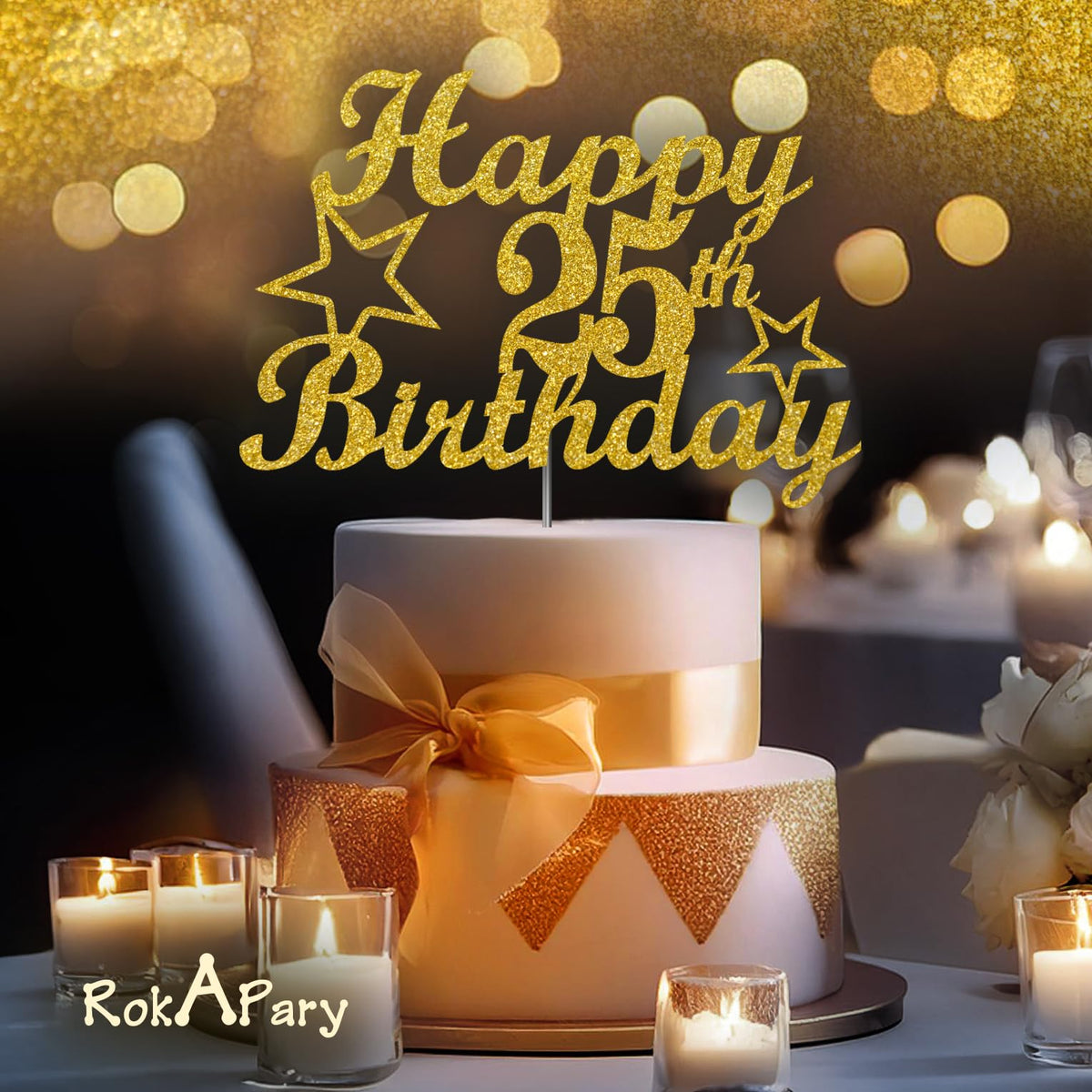 RokAPary Gold Glitter 25th Birthday Cake Topper, Premium Acrylic, Sturdy Double-Sided, Model RCT217