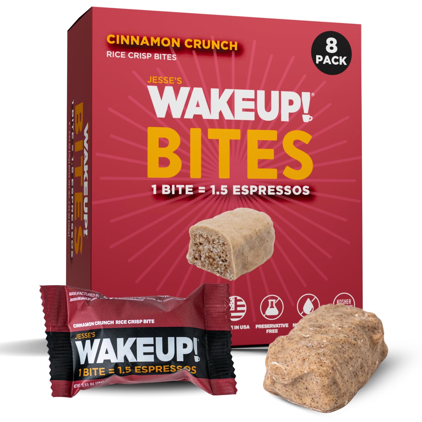 Jesses WakeUP! Cinnamon Crunch Protein Bites - 175mg Caffeine per Bite - Gluten-Free, Vegetarian - 8 Pack