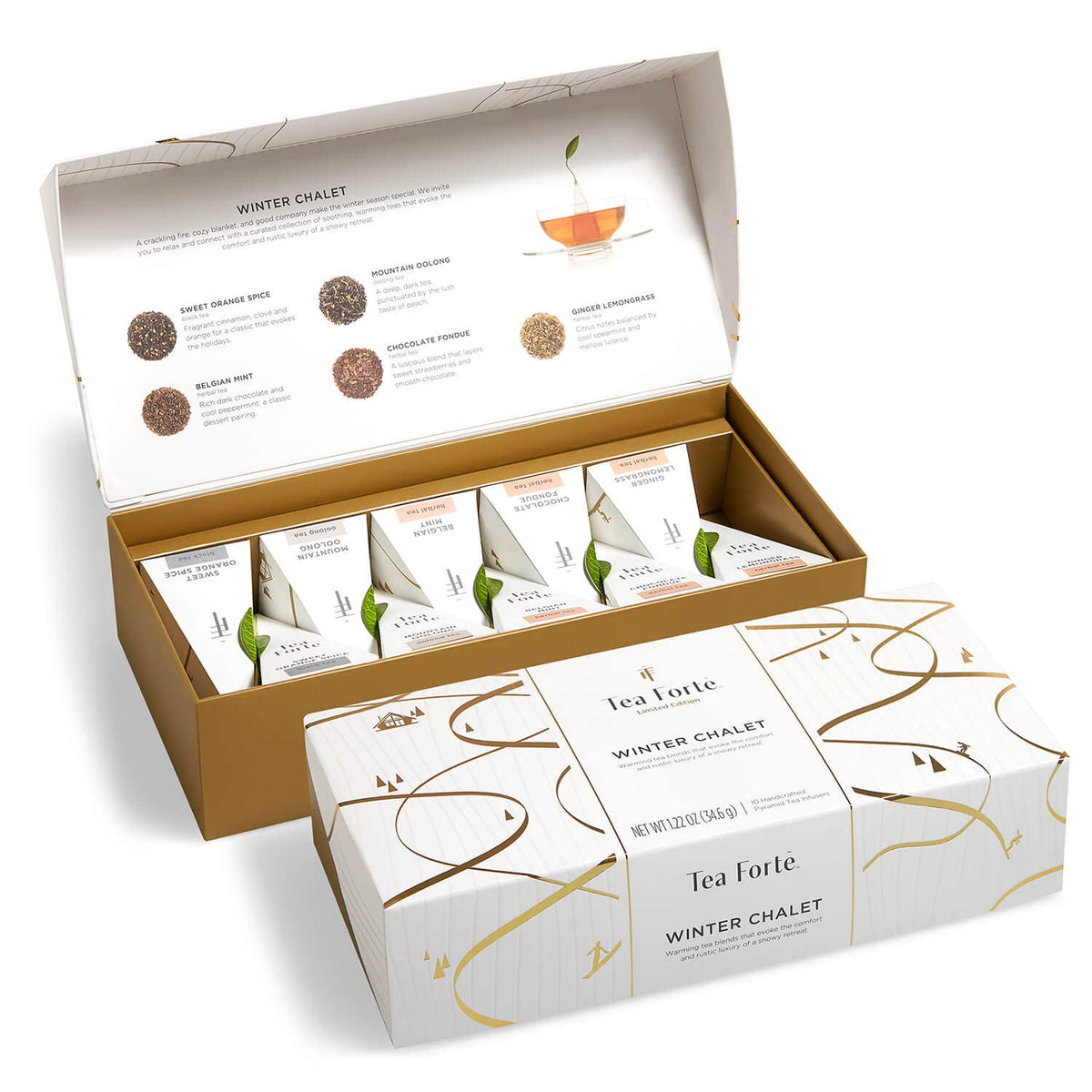 Tea Forte Petite Presentation Box Winter Chalet Tea Sampler Gift Set, 10 Assorted Variety Handcrafted Pyramid Tea Infuser Bags With Winter Spiced Teas