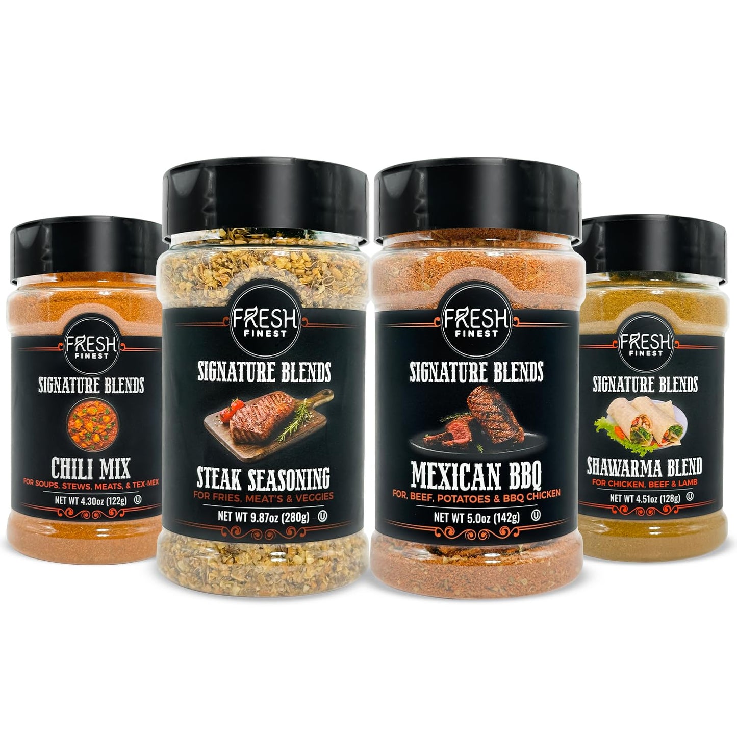 Fresh Finest Meat Seasonings And Rubs Gift Set - Montreal Steakhouse  Shawarma  Mexican Bbq  Chili Mix - Kosher  Gluten-Free  Non-Gmo - Perfect For Grilling And Flavorful Dinners (4-Pack)