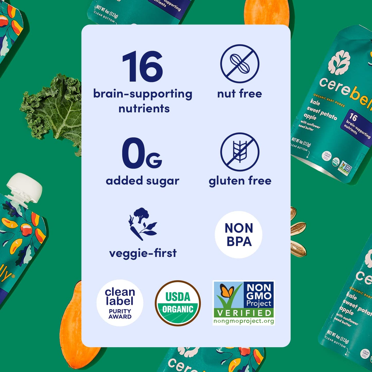 Cerebelly Organic Baby Food Pouches, Kale Sweet Potato Apple Purees, 16 Nutrients, No Added Sugar, Fiber & Non-GMO, 4oz, 12 Pack