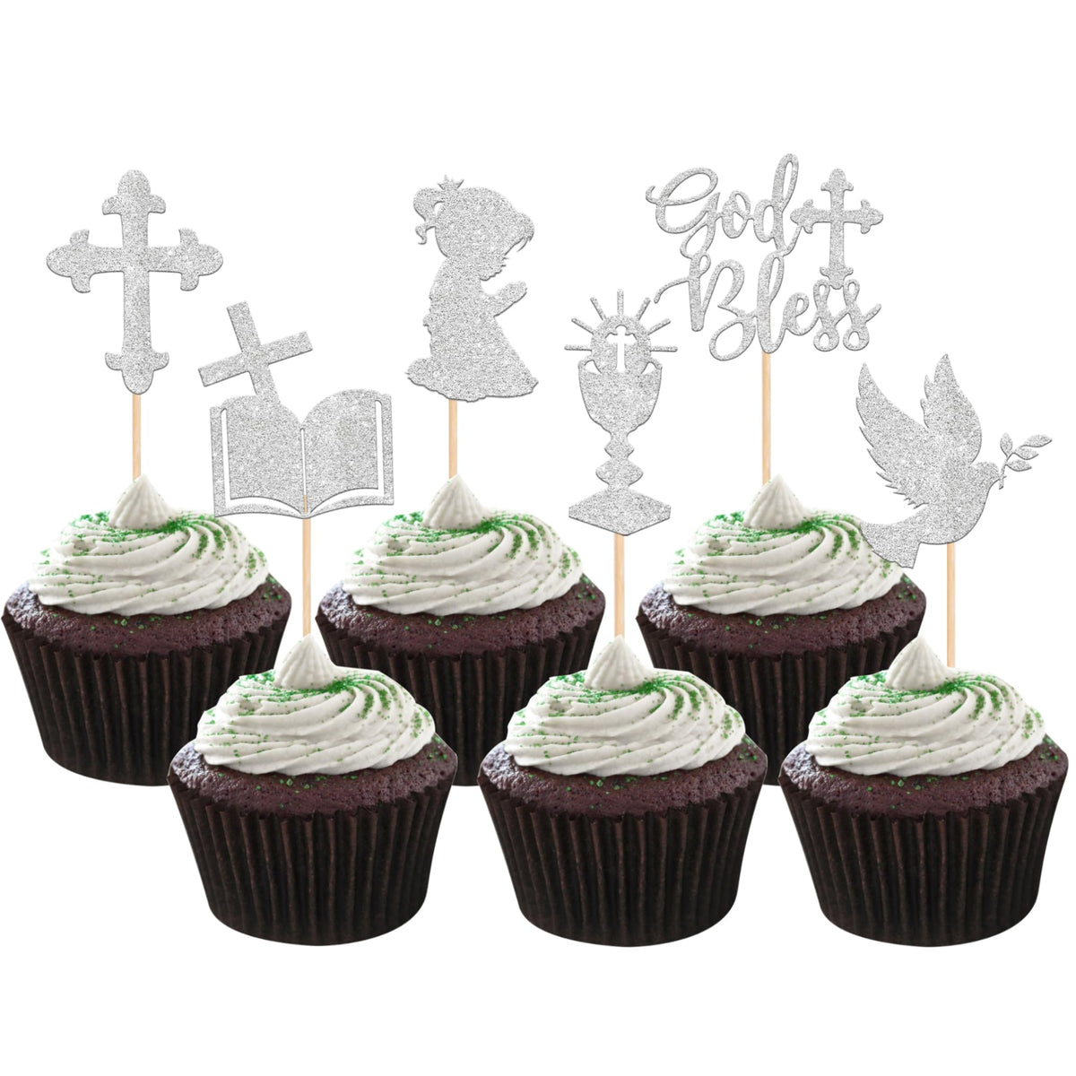 ZHUOWEISM 24 PCS Cupcake Toppers Glitter Dove Cross First Communion Decorations Small Silver