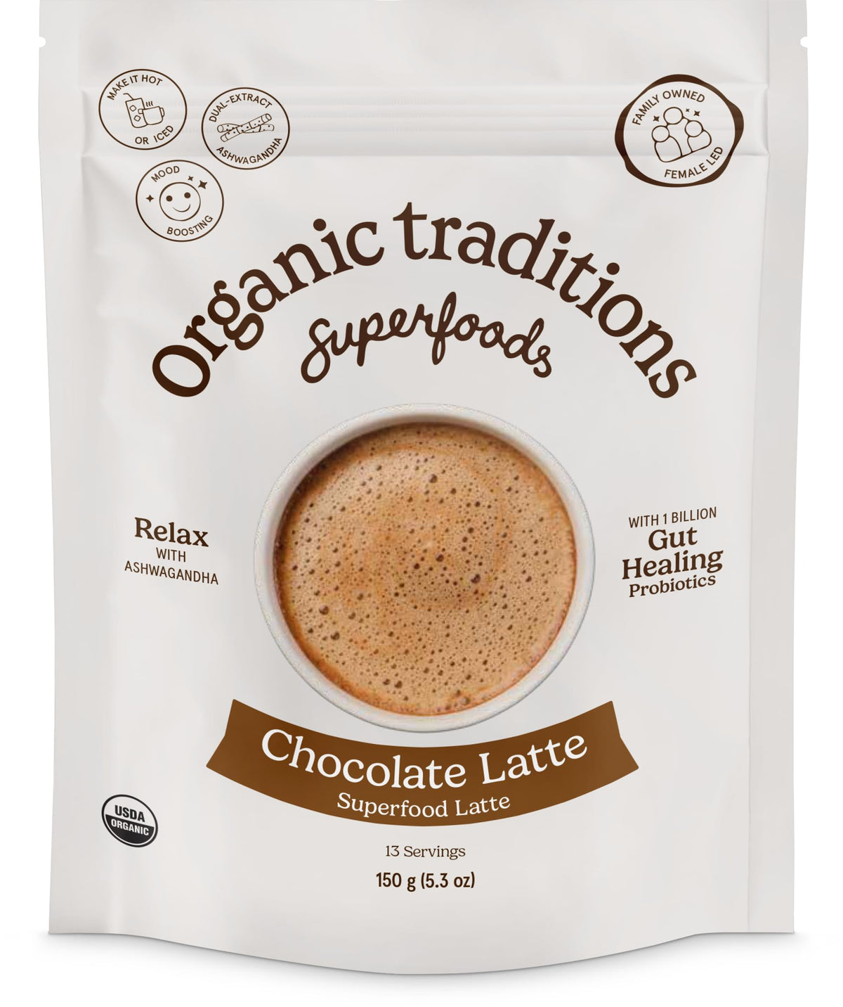 Organic Traditions Superfood Chocolate Latte – Creamy Coconut Milk Base - Dual Extract Ashwagandha – Easy To Mix - Sweetened With Coconut Palm Sugar – 1 Billion Probiotics Per Serving - 150G/ 5.3Oz Bag
