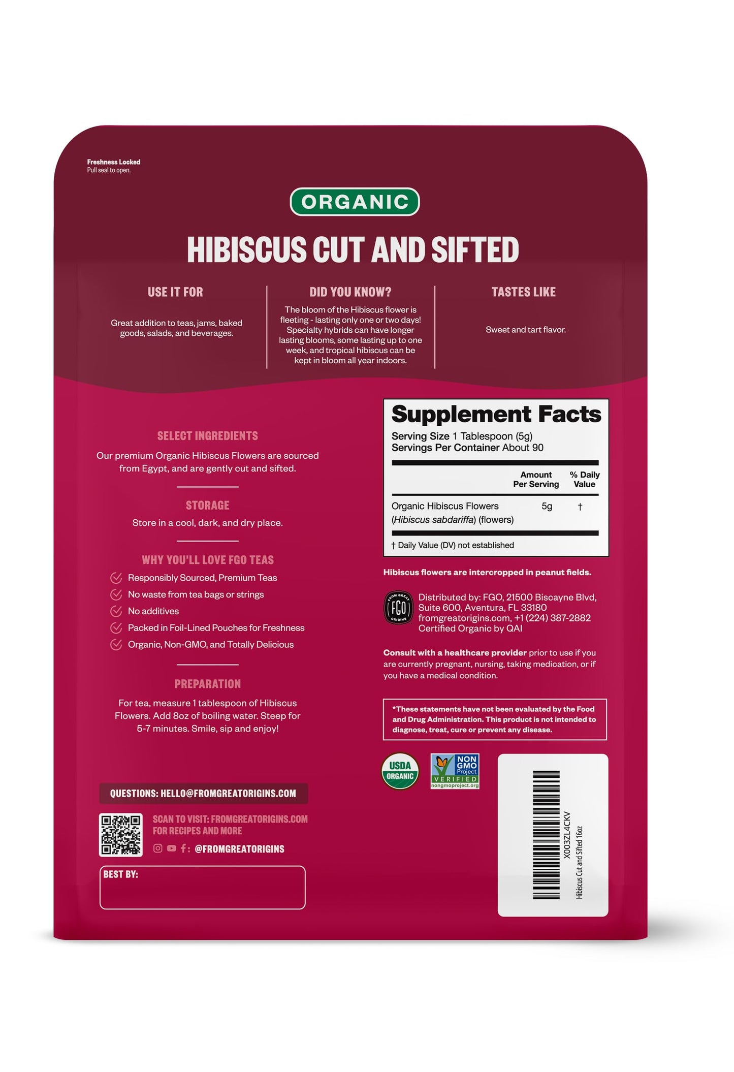 FGO Organic Hibiscus Flowers Loose Tea - 16 Ounce Bulk Resealable Bag (Pack of 2)