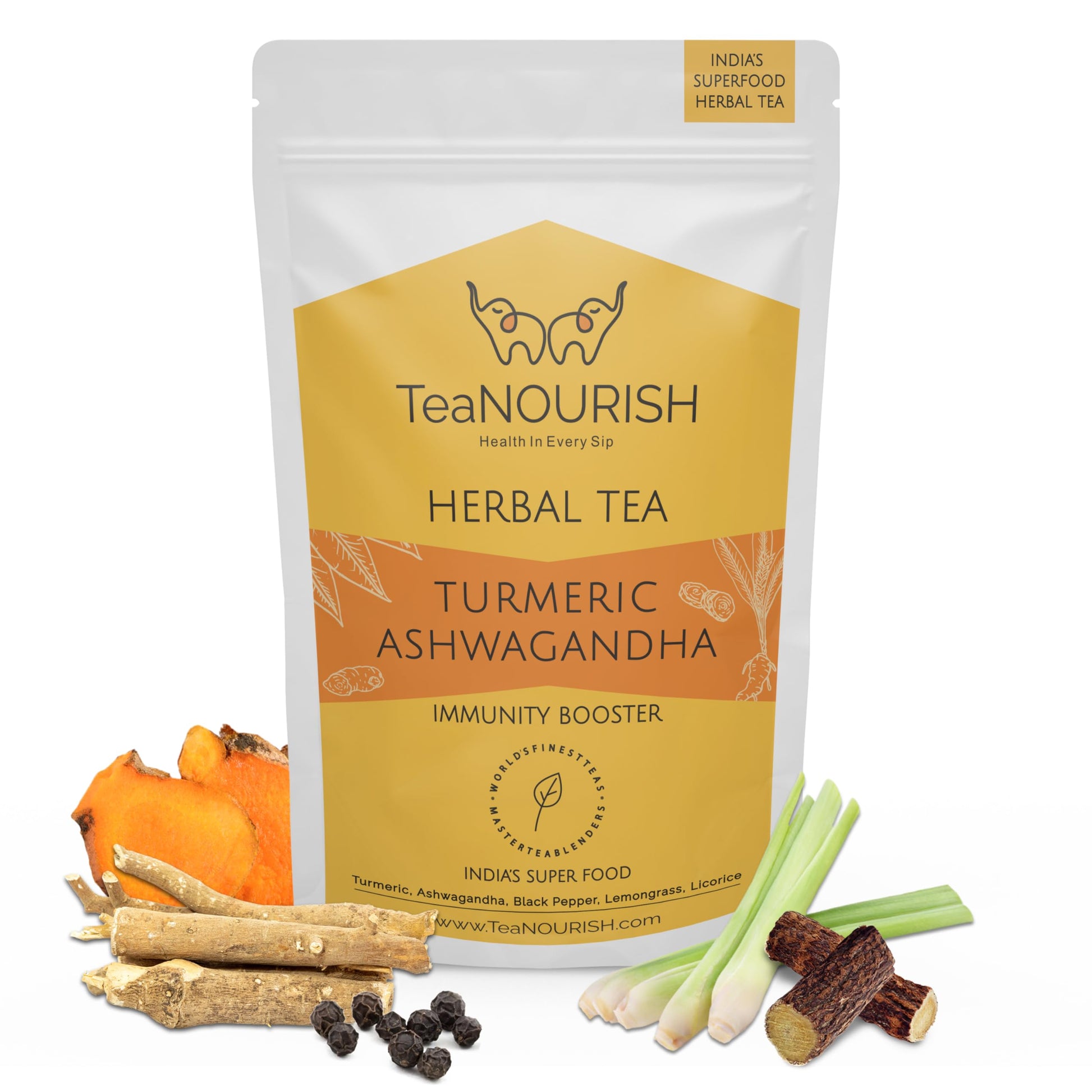 TEANOURISH Turmeric Ashwagandha Herbal Tea - Caffeine-Free, 100% Natural Ingredients, 3.53oz
