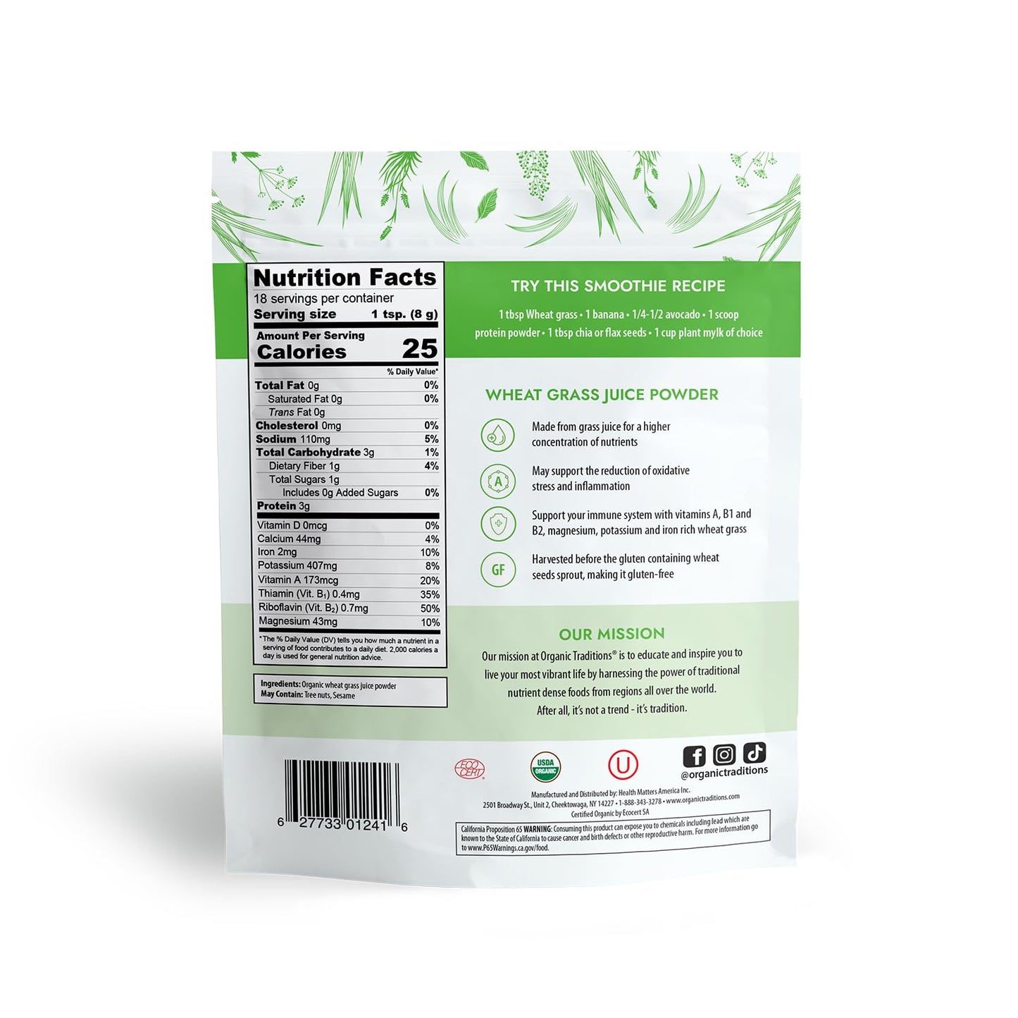 Organic Traditions Wheat Grass Juice Powder, Gluten Free Vegan Non-GMO Superfood, 5.3oz (150g) Bag, 18 Servings per Bag